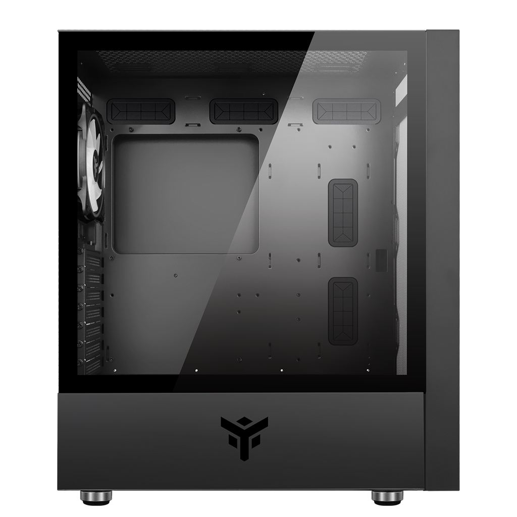 Un case per PC nero con pannello laterale in vetro. Ha una ventola e il logo del marchio sul davanti.