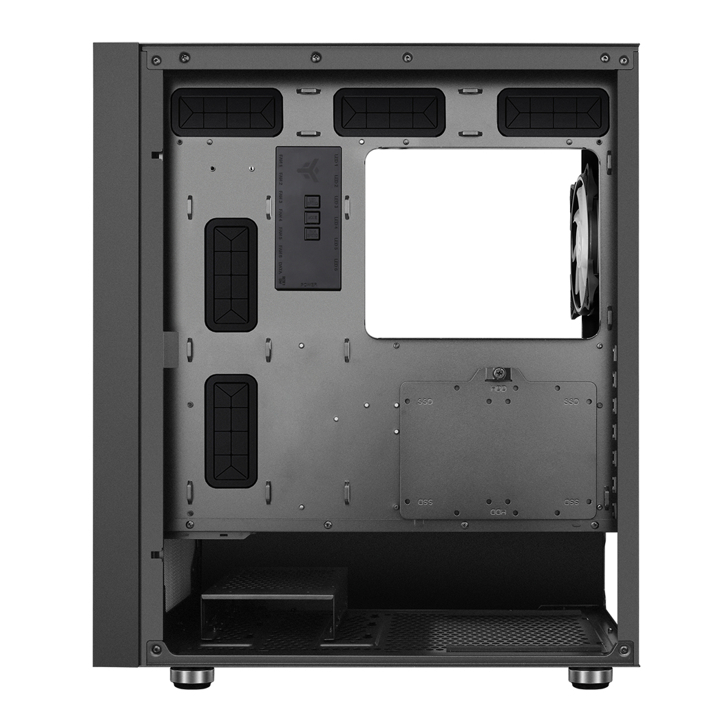 Case per computer nero con pannello laterale in vetro. Ha due grandi ventole con loghi X rossi.
