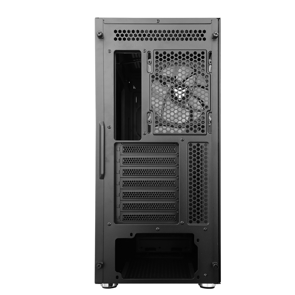 Vista posteriore di un case per computer nero con ventola e varie fessure per porte.