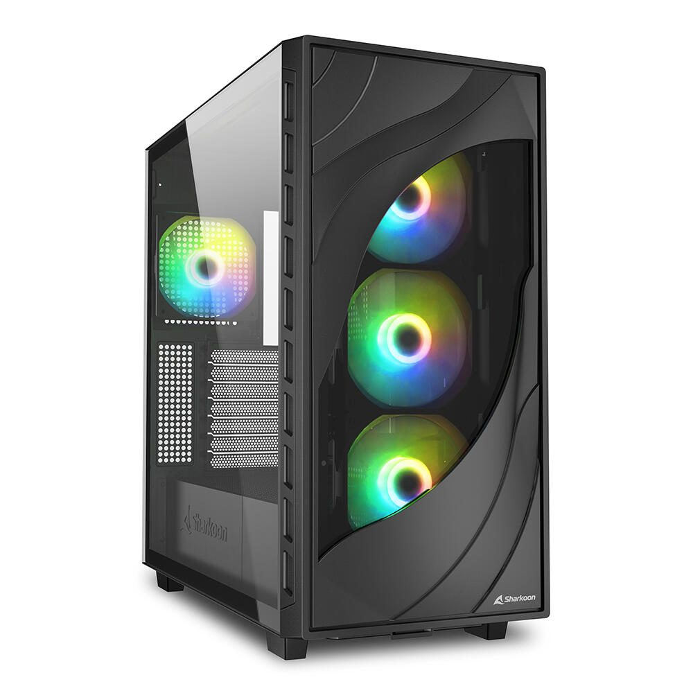 Case PC nero con pannello in vetro. Tre ventole con luci arcobaleno. Logo Sharkoon in basso.