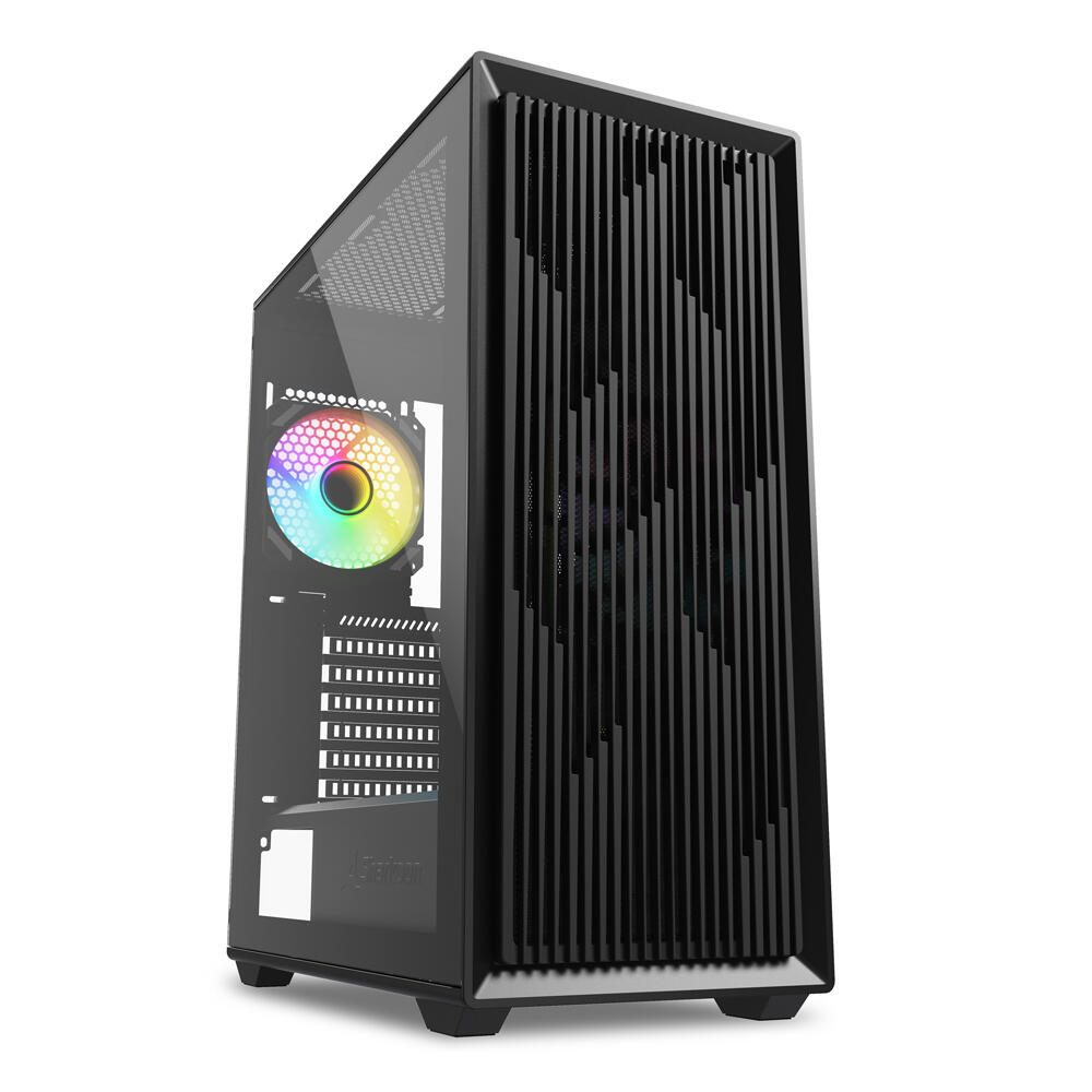 Un case per computer nero con un pannello frontale, una finestra laterale e una ventola interna colorata.