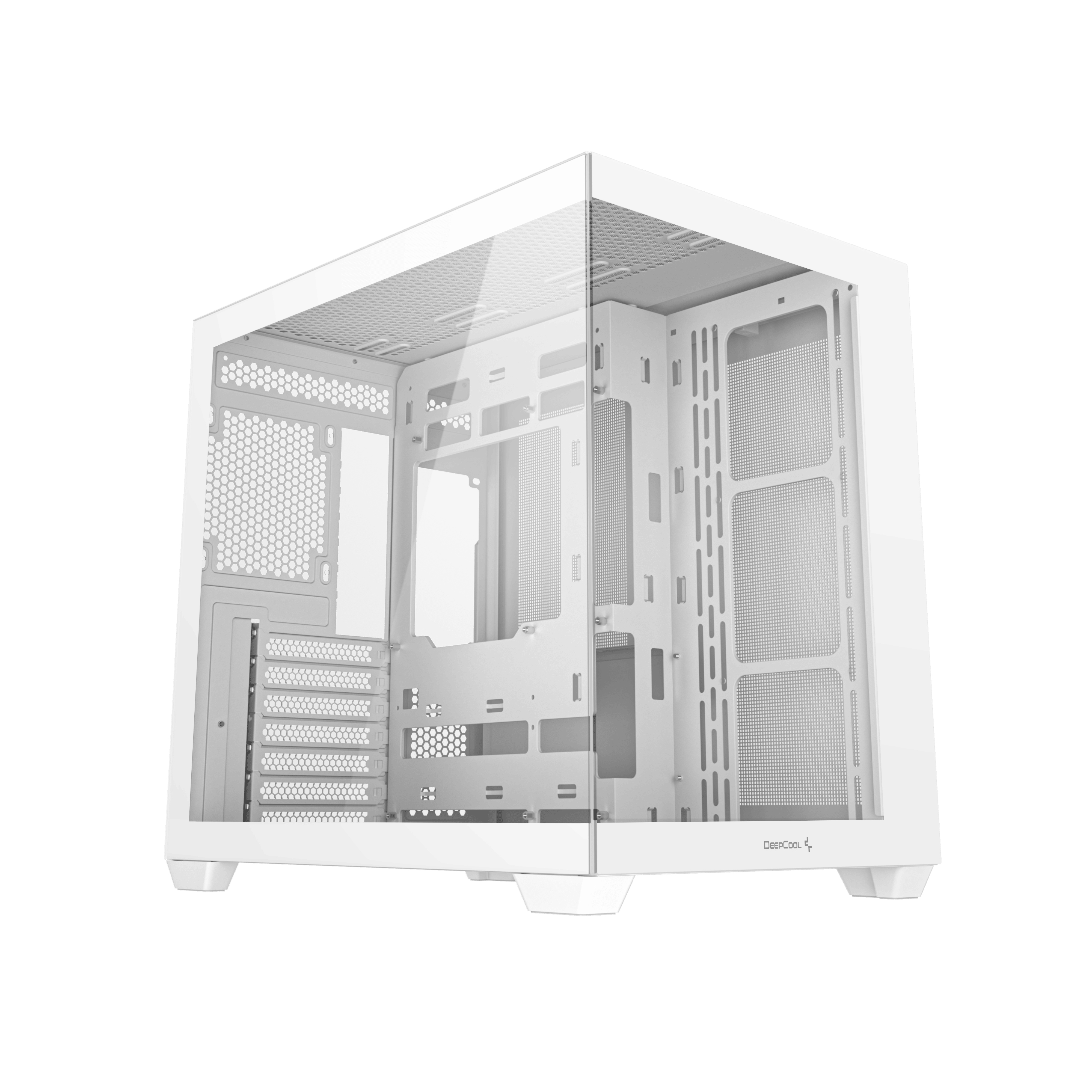 Een witte computerkast met een glazen zijpaneel en een wit interieur.