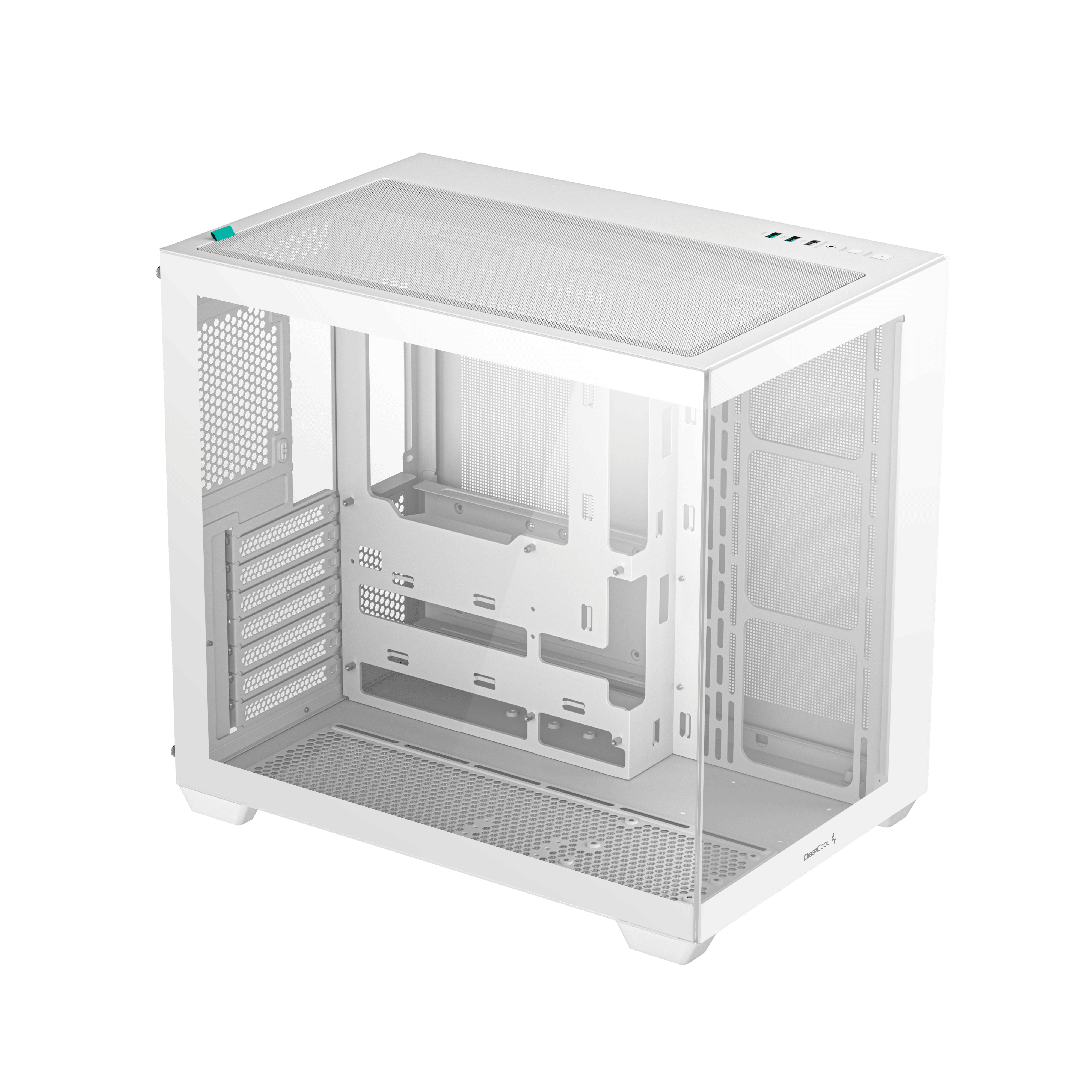Witte computerkast met open interieur, doorzichtig zijpaneel en bovenkant.