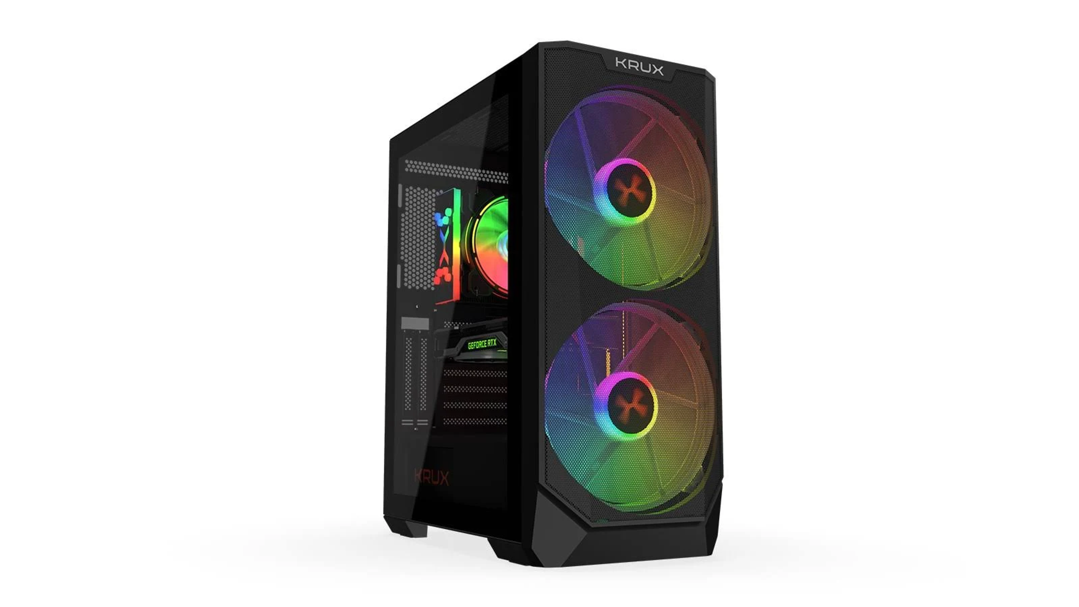 Case per PC nero con ventole e lato in vetro. Le ventole hanno luci colorate.