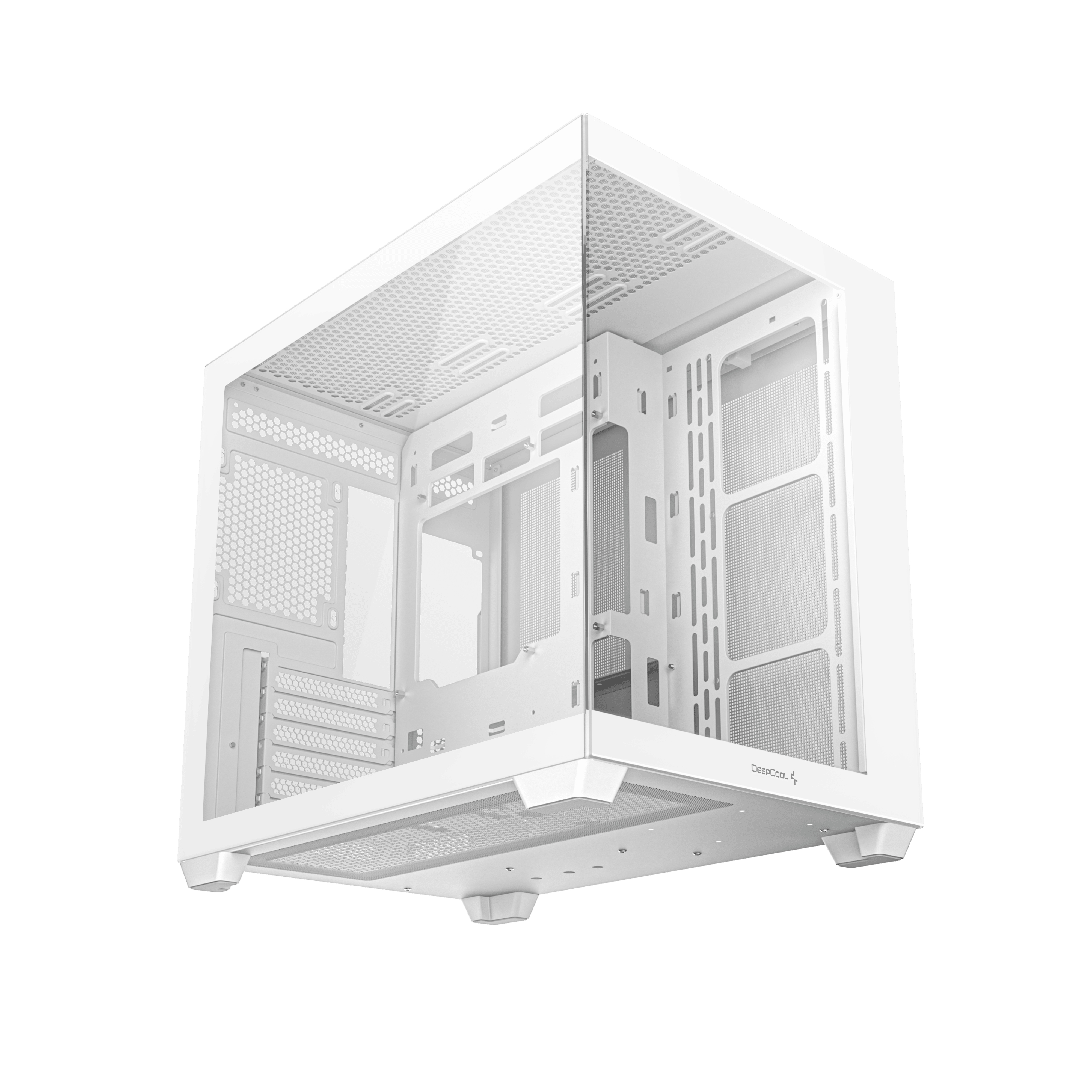 Een witte computerkast met transparante zijpanelen, die de interne componenten tonen.