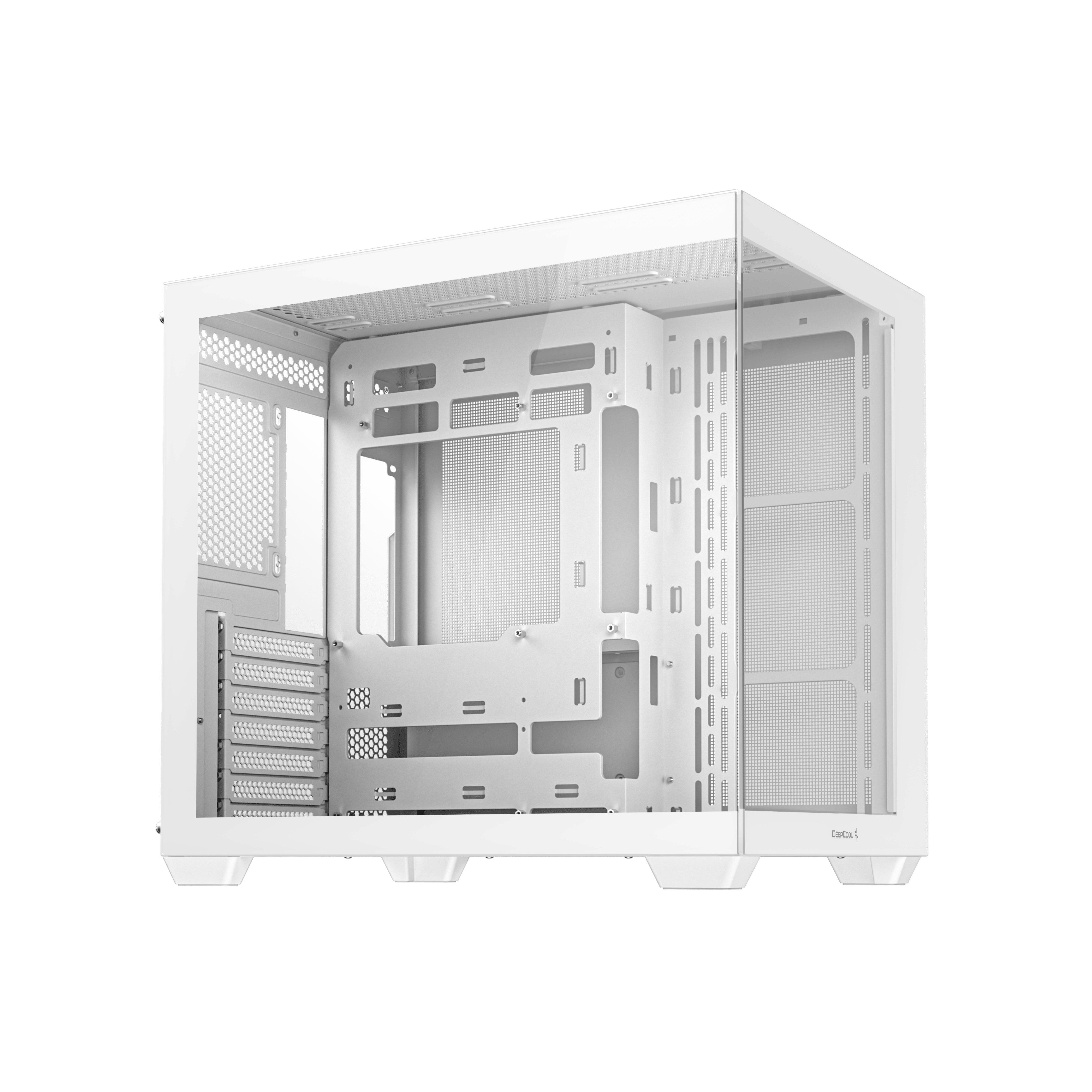 Witte pc-behuizing met glazen panelen. De behuizing is leeg met een helder zicht op het interieur.