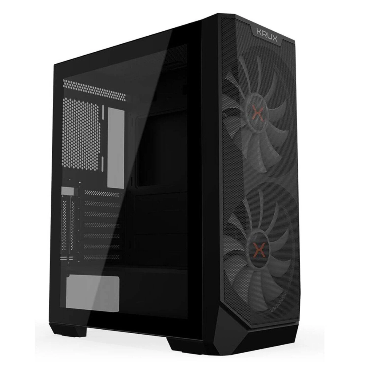 Interno di un case per computer bianco con vista posteriore. Ha molti fori e spazi.