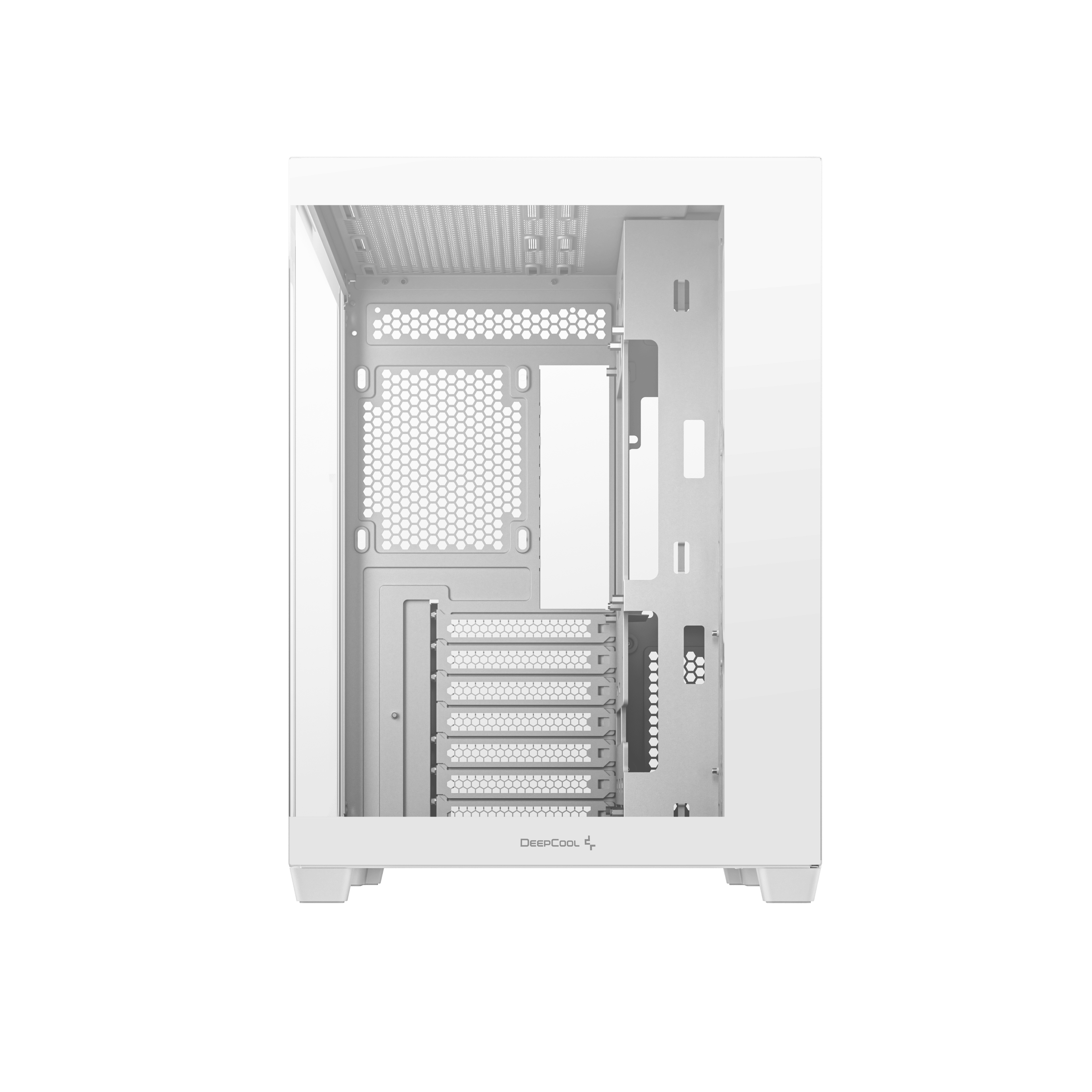 Witte pc-behuizing, de lege behuizing tonend, met een DeepCool-logo.