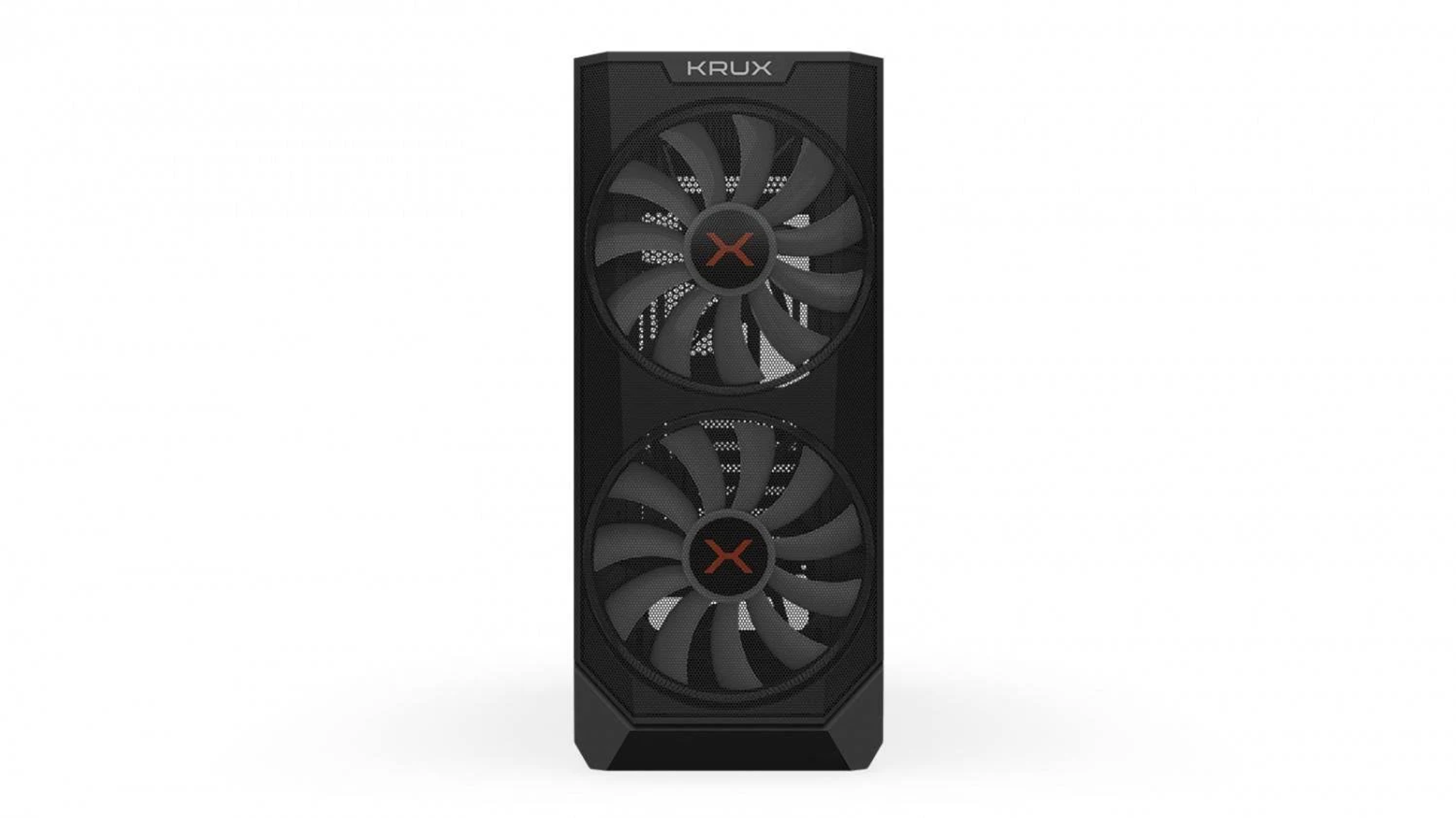 Un frontale nero per case PC Krux con due ventole, ciascuna con una X arancione al centro, su sfondo bianco.