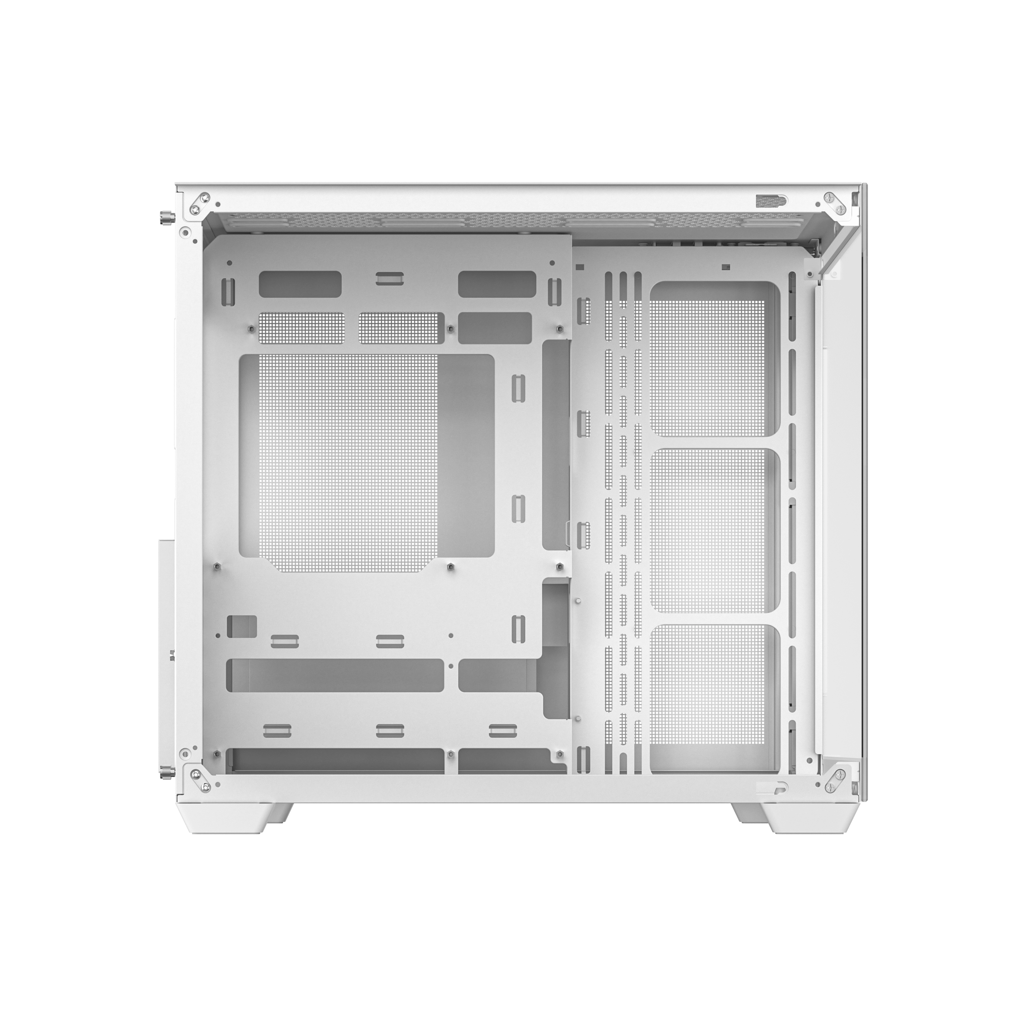 Zwart computerkastinterieur met metalen staven. Het is leeg en goed georganiseerd.
