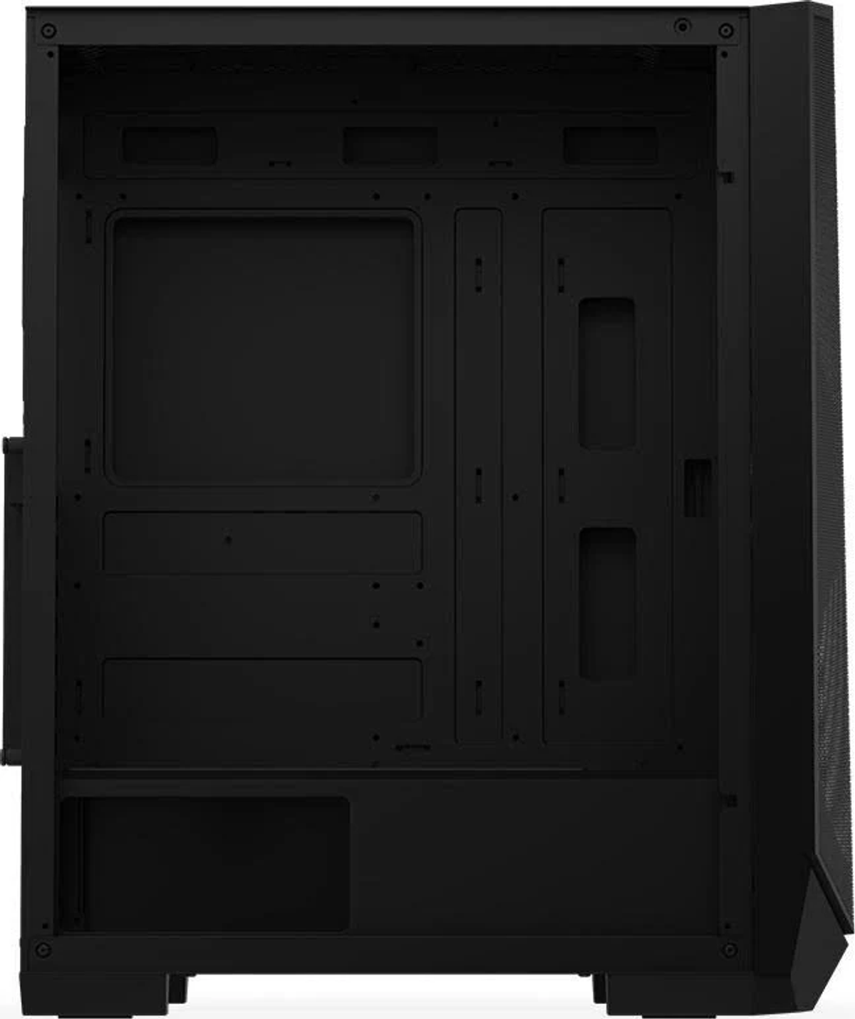 Interno di un case per computer nero, che mostra la struttura interna e i punti di montaggio.