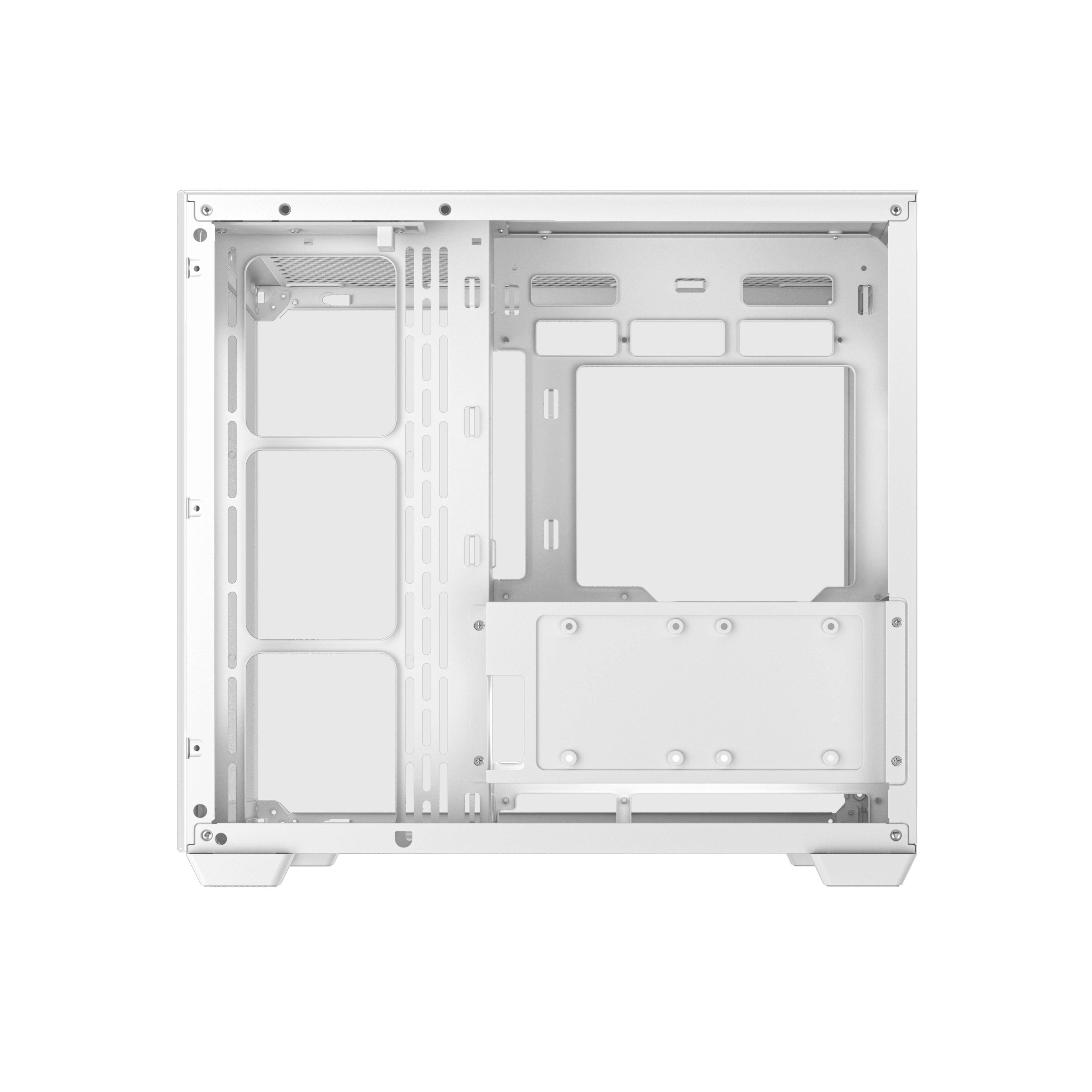 Witte pc-behuizing. Het heeft verschillende compartimenten en bevestigingspunten.