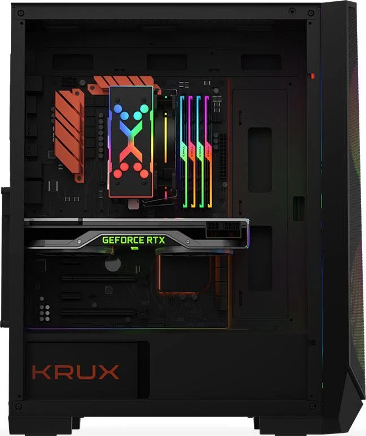 Interno del case per PC nero con componenti tra cui GPU, dissipatore CPU e RAM.