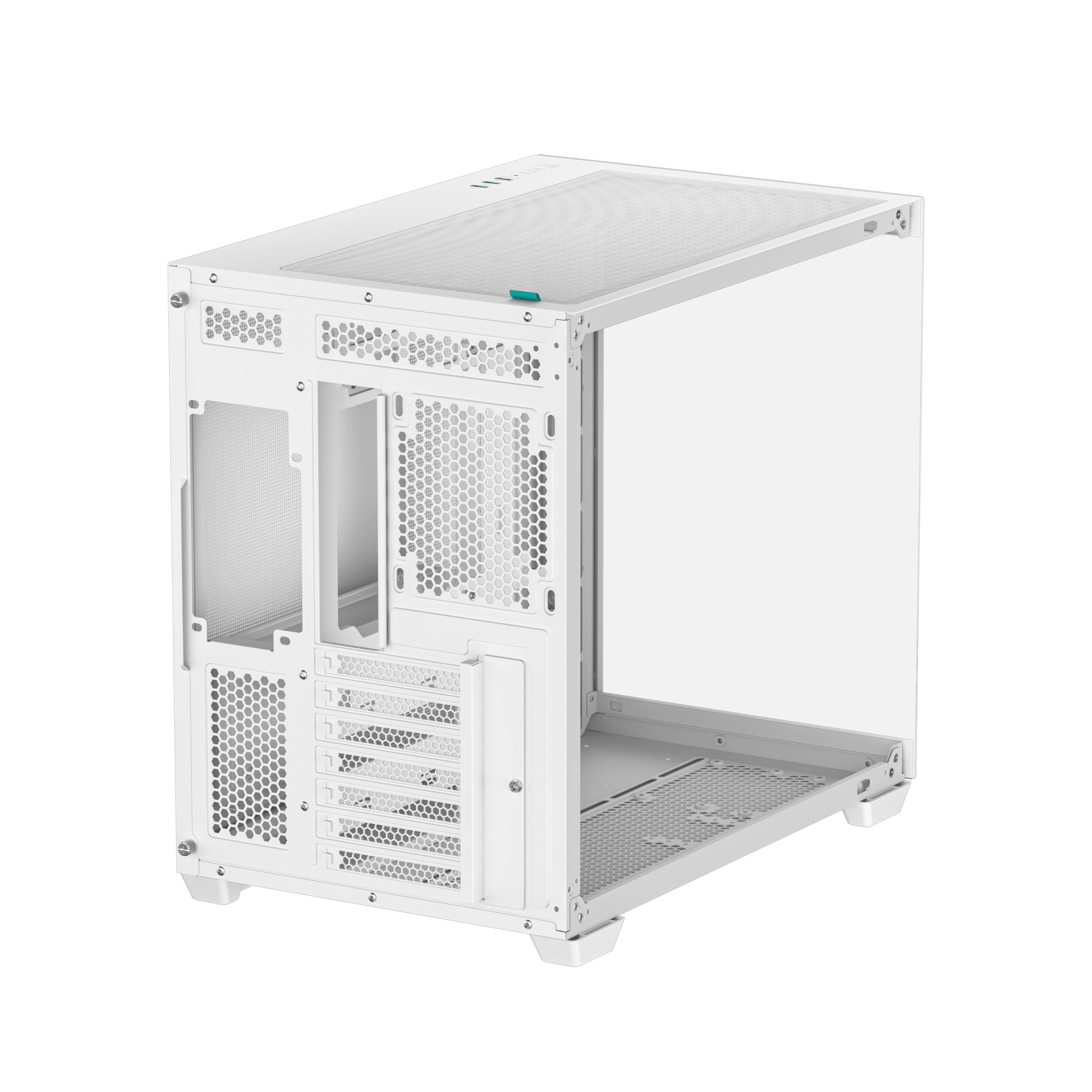 Een witte PC-behuizing, schuine weergave, toont interne structuur en uitbreidingsslots, tegen een witte achtergrond.