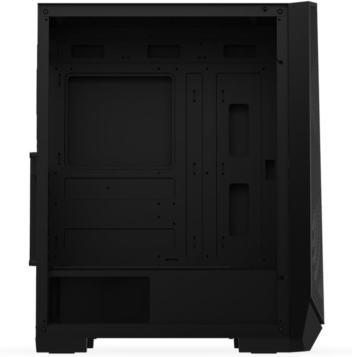 Interno di un case PC nero, vuoto. Mostra l'area della scheda madre e il vano inferiore.