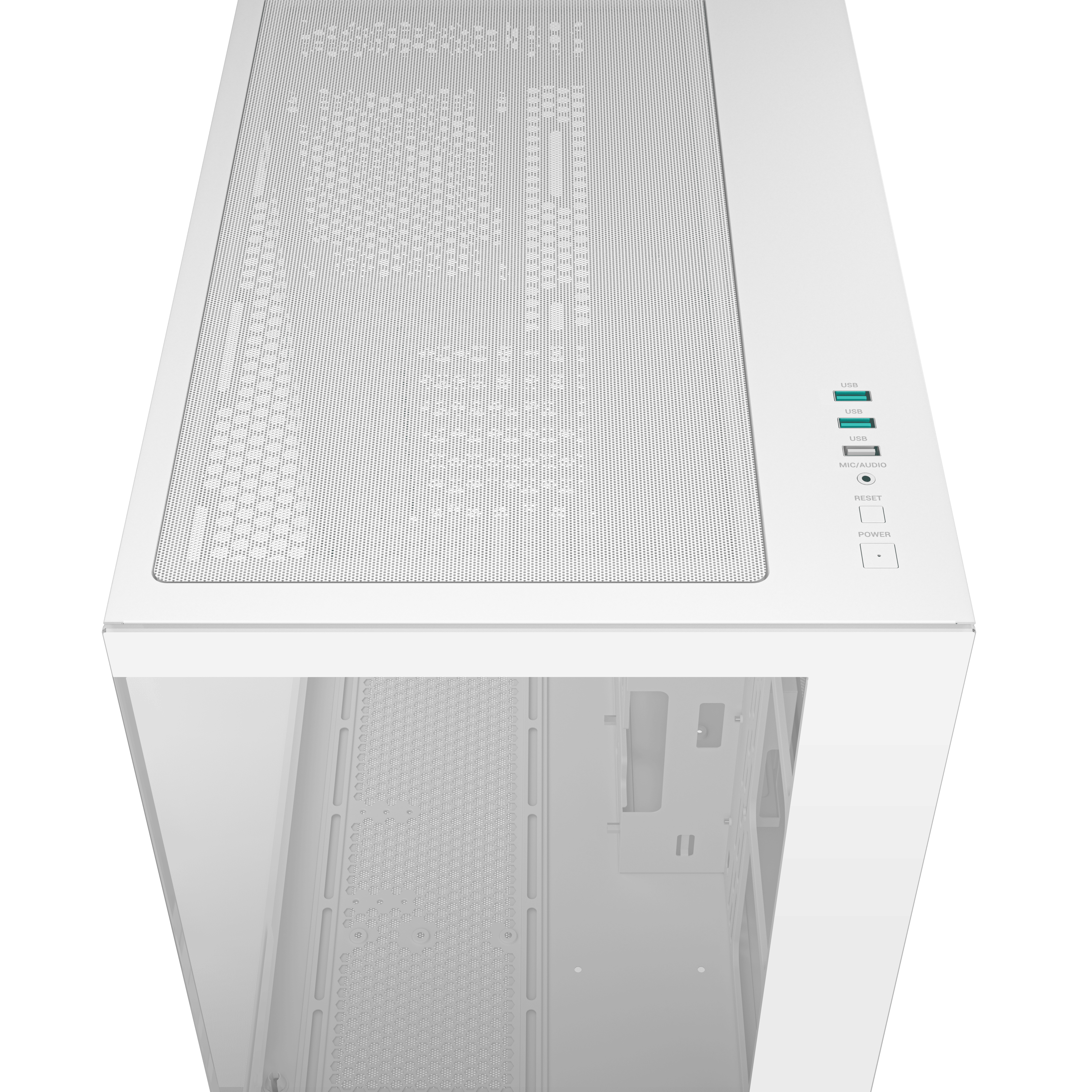 Witte computerkast vanuit een bovenaanzicht, met het bovenpaneel met poorten en knoppen.