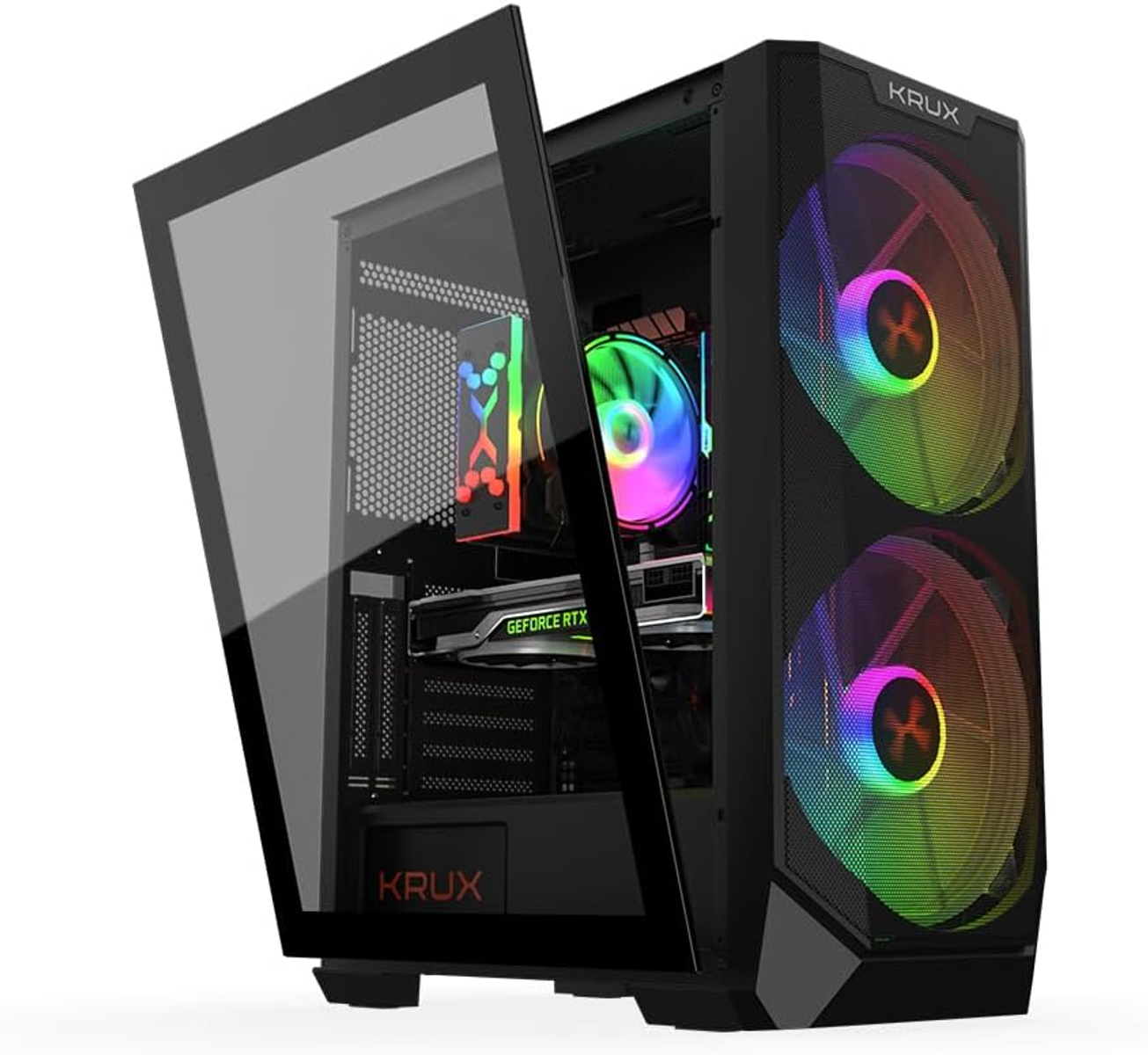 Un case per computer nero con un pannello laterale in vetro aperto, che rivela i componenti interni.