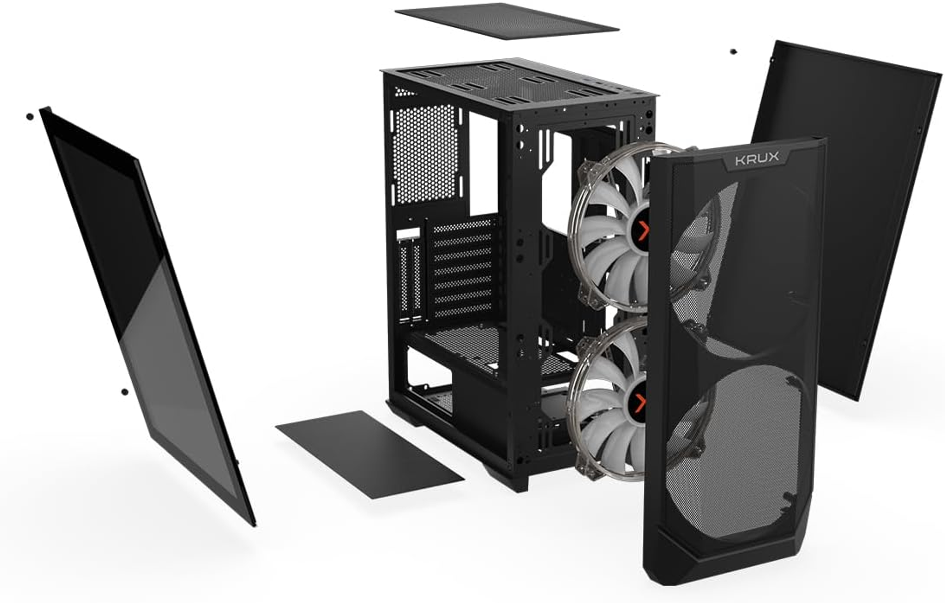 Vista esplosa di un case per computer nero, che mostra componenti come ventole, pannelli e telaio.