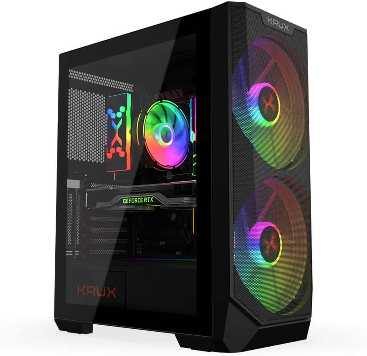 Case PC KRUX nero con lato in vetro, ventole con luci RGB e componenti interni, inclusa una scheda grafica.