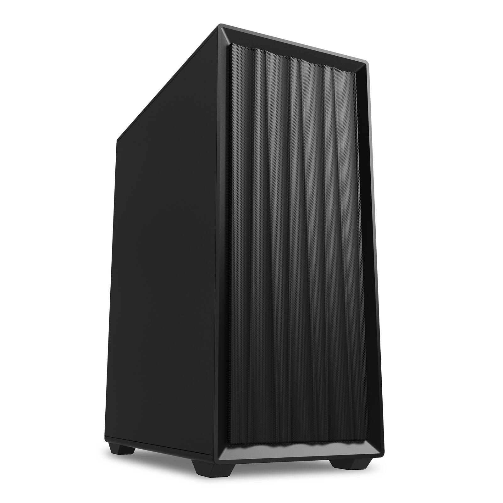 Case PC nero con pannello frontale a rete, design elegante e base nera.