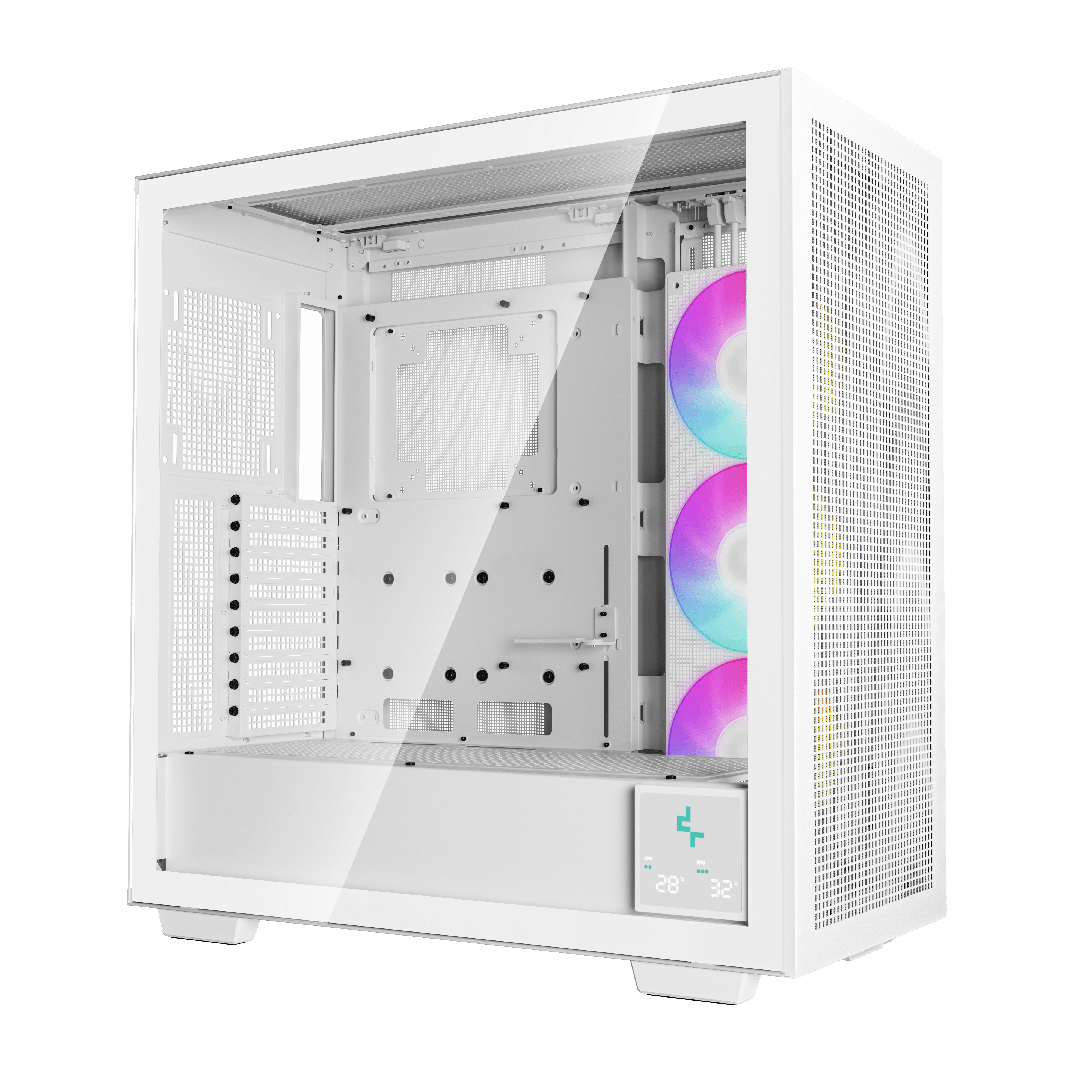 Zwarte computerkast met een glazen zijpaneel. Er is één ventilator met kleurrijke LED-verlichting.