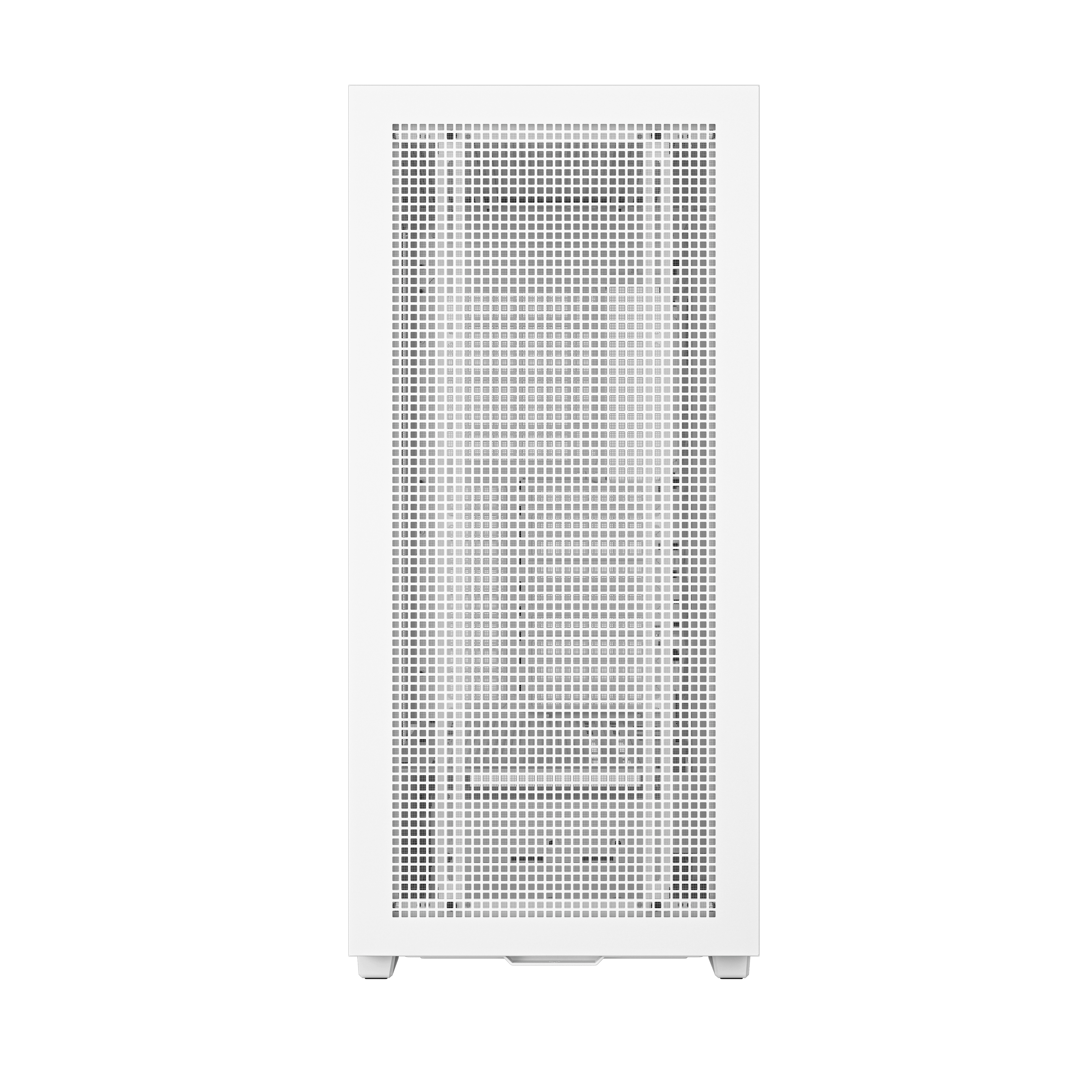 Een witte PC-behuizing met een geperforeerde voorpaneel, met kleine voetjes voor verhoging en een minimalistisch ontwerp.