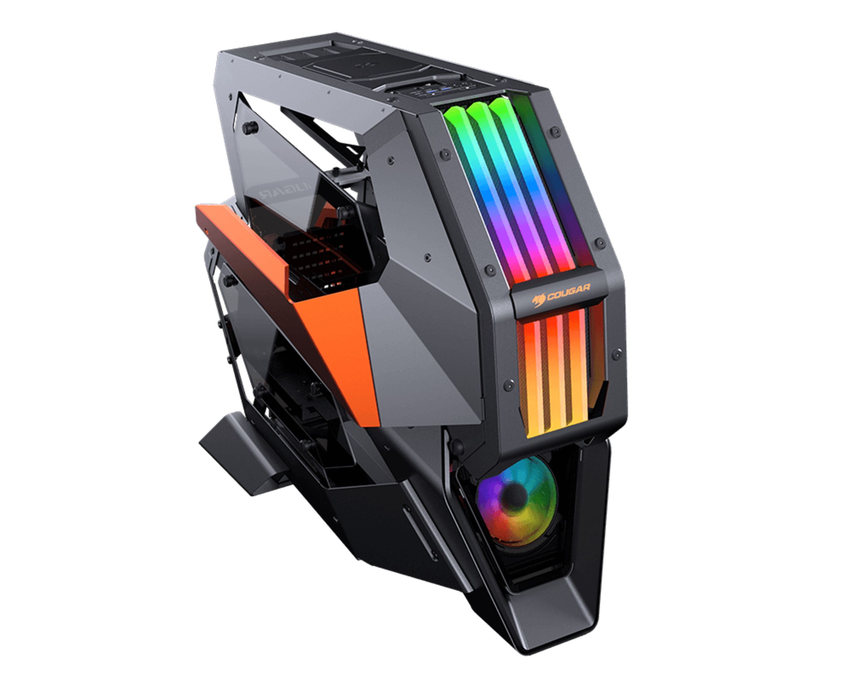 Widok pod kątem czarnej i szarej obudowy komputera z kolorowymi światłami.