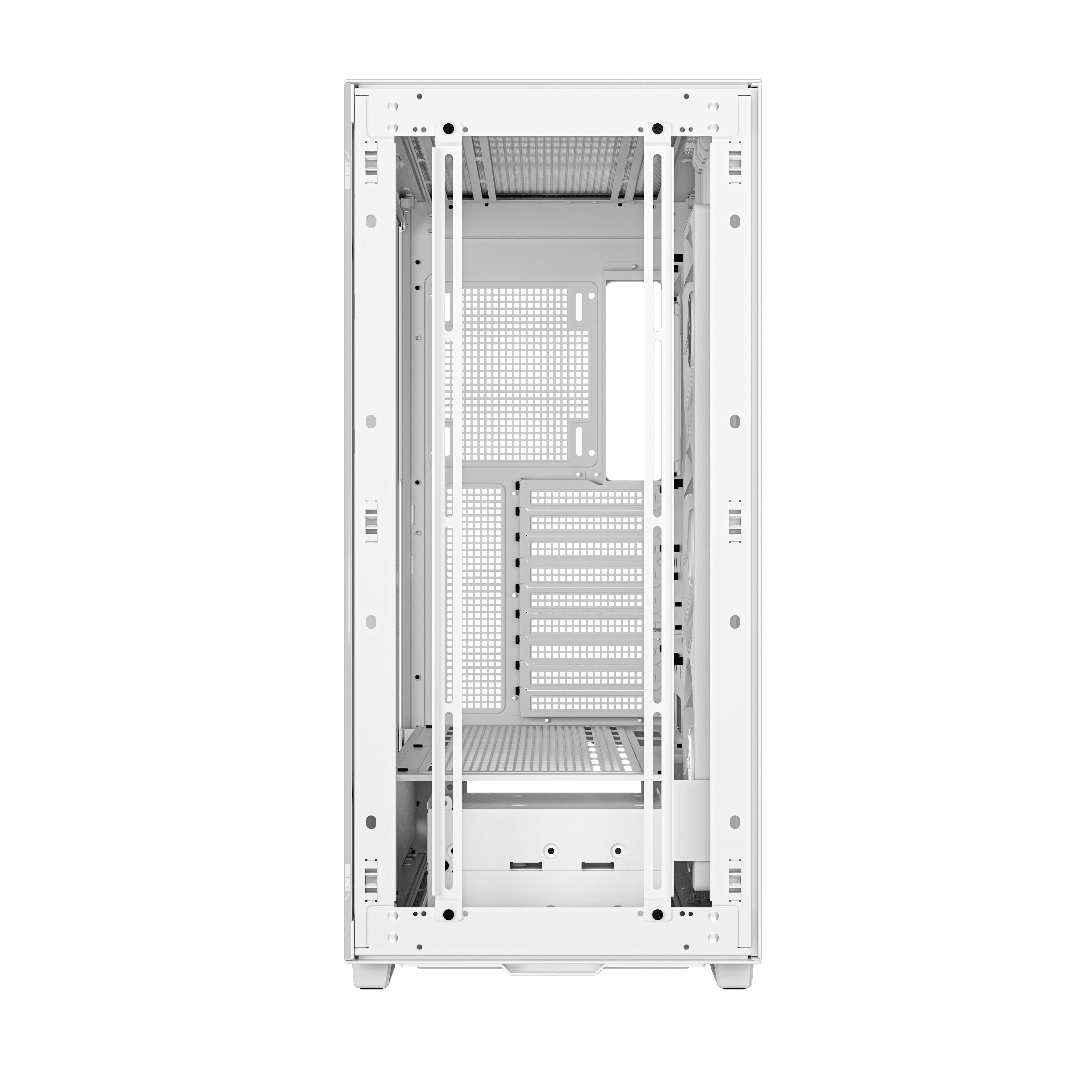 Witte pc-behuizing, interieur. Leeg, met frame en geperforeerde secties. Strak ontwerp.
