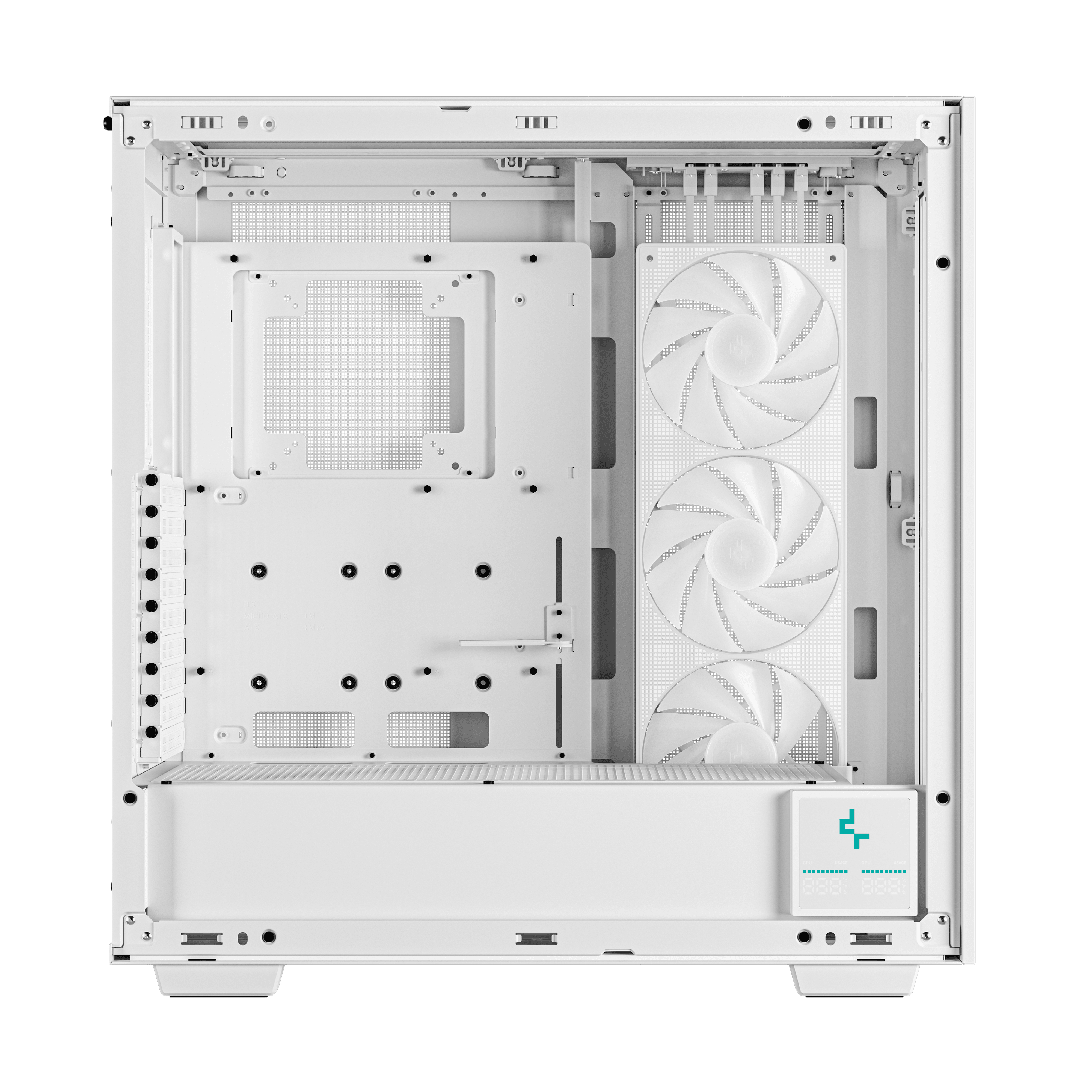 Witte pc-behuizing met ventilatoren. Het heeft verschillende componenten en bevestigingspunten.