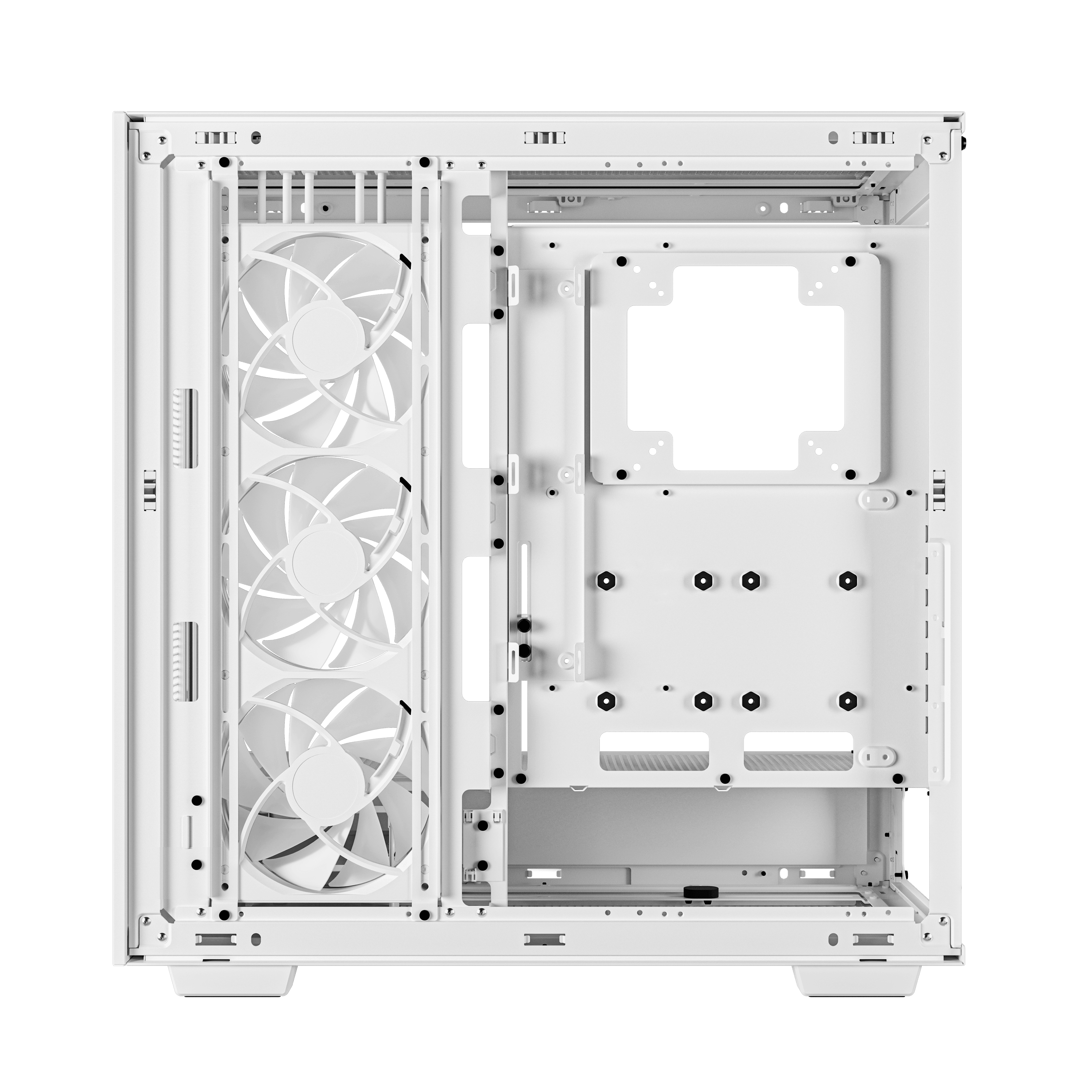 Interieur van een witte computerkast met ventilatoren en interne componenten zichtbaar.