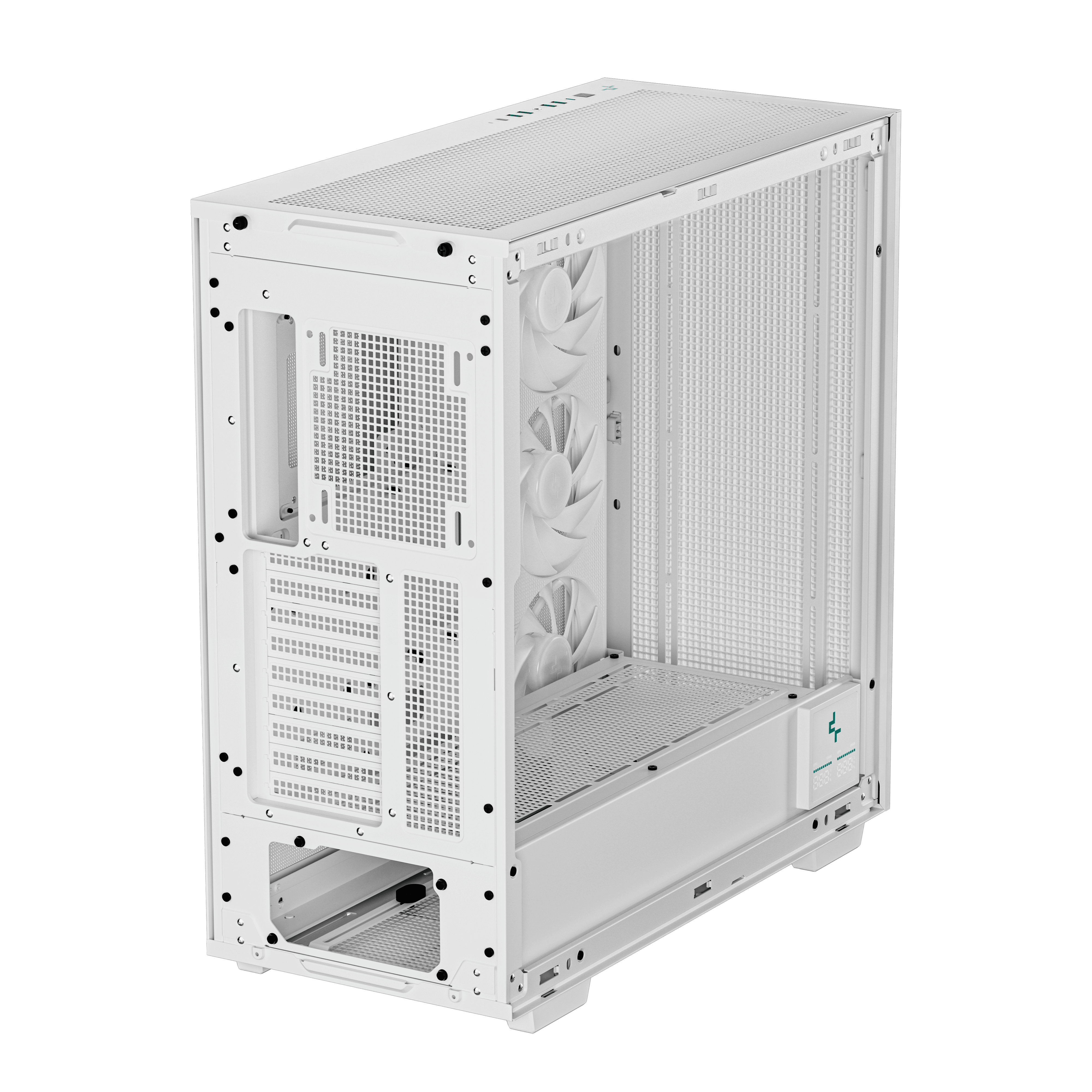 Witte pc-kast met mesh voorkant en bovenkant. Ventilatoren zijn van binnen zichtbaar. Deepcool-logo.