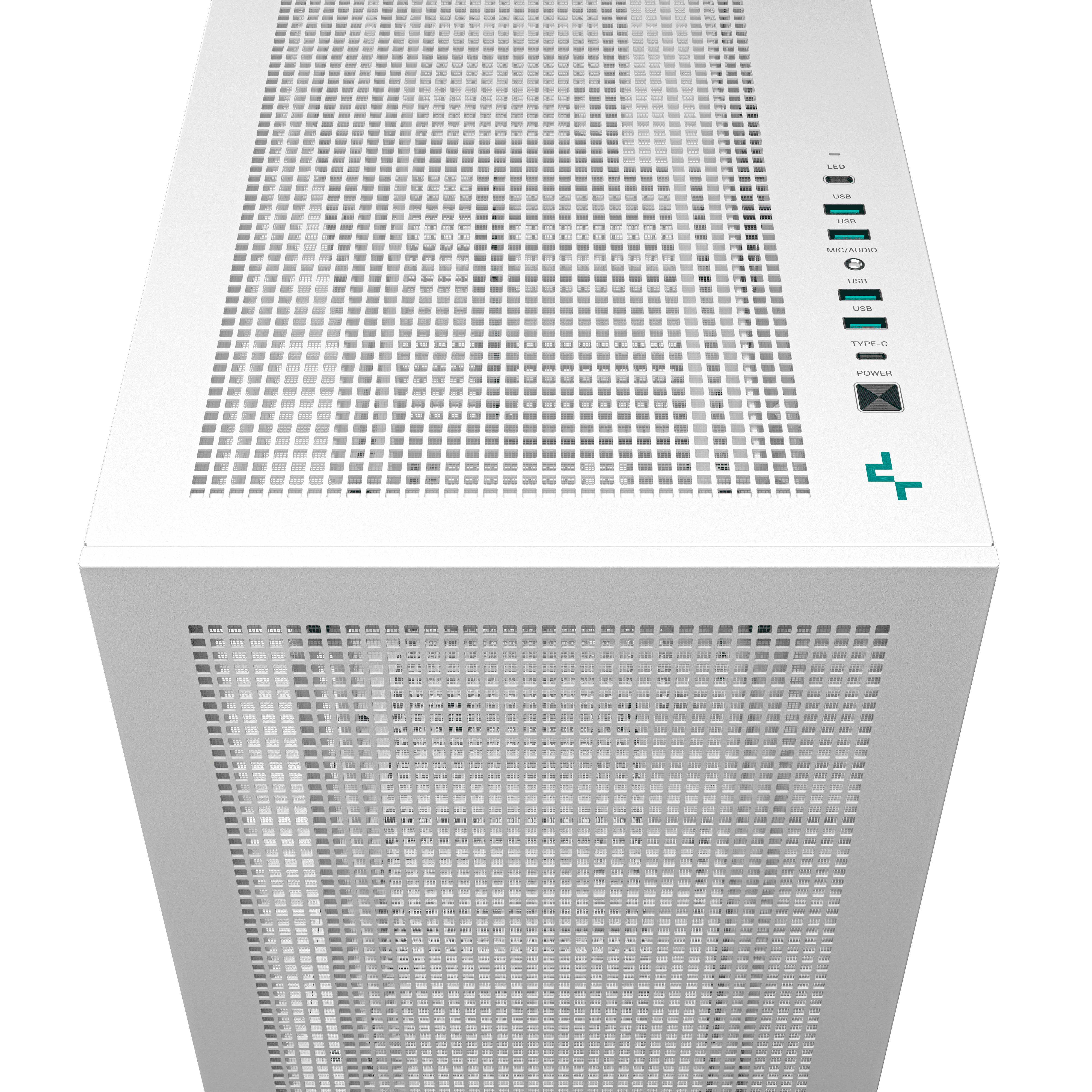 Bovenaanzicht van een witte pc-behuizing met een mesh bovenkant, stroom- en USB-poorten en een groen logo.