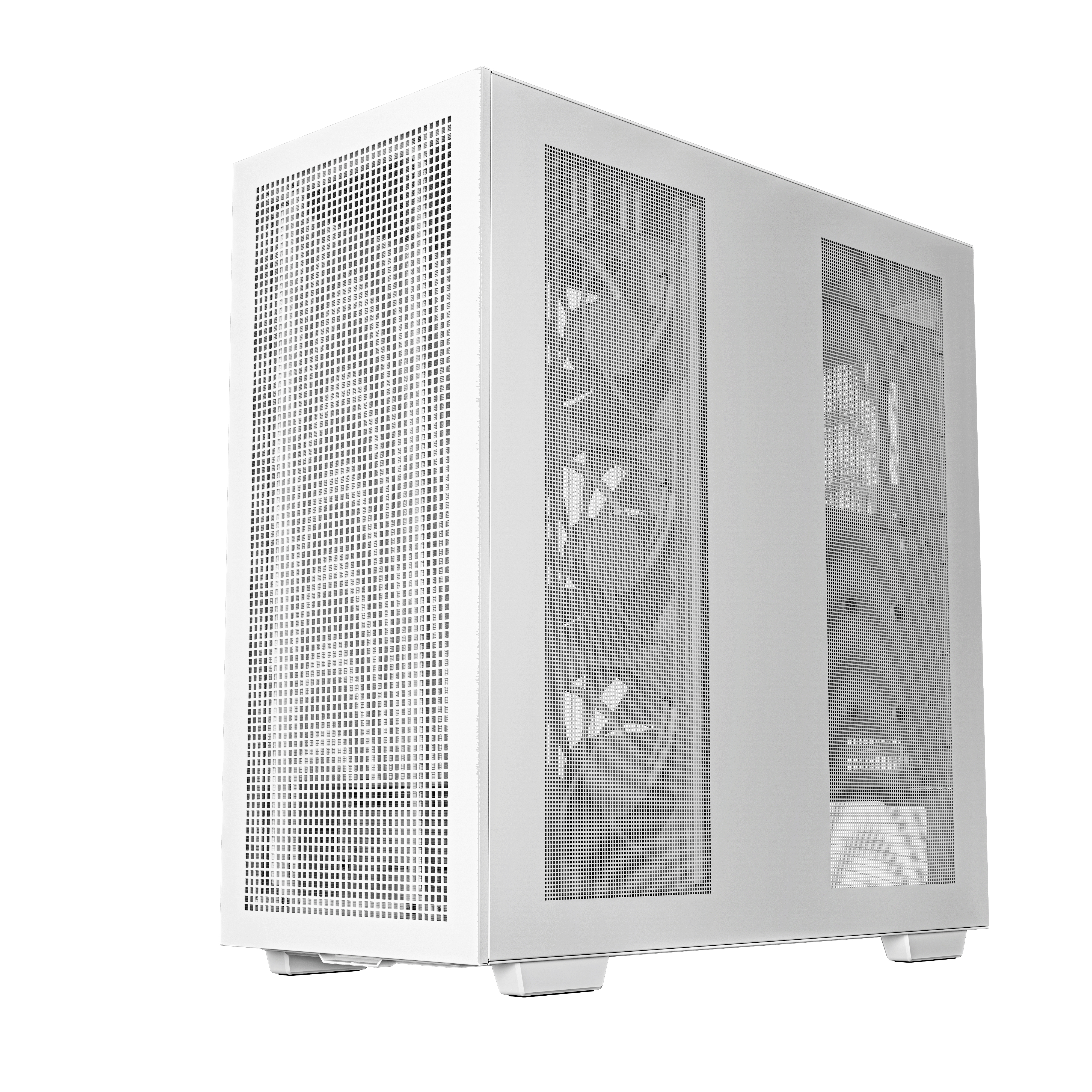 Een witte computerkast met een geperforeerd zijpaneel en een helder zicht op het interieur.