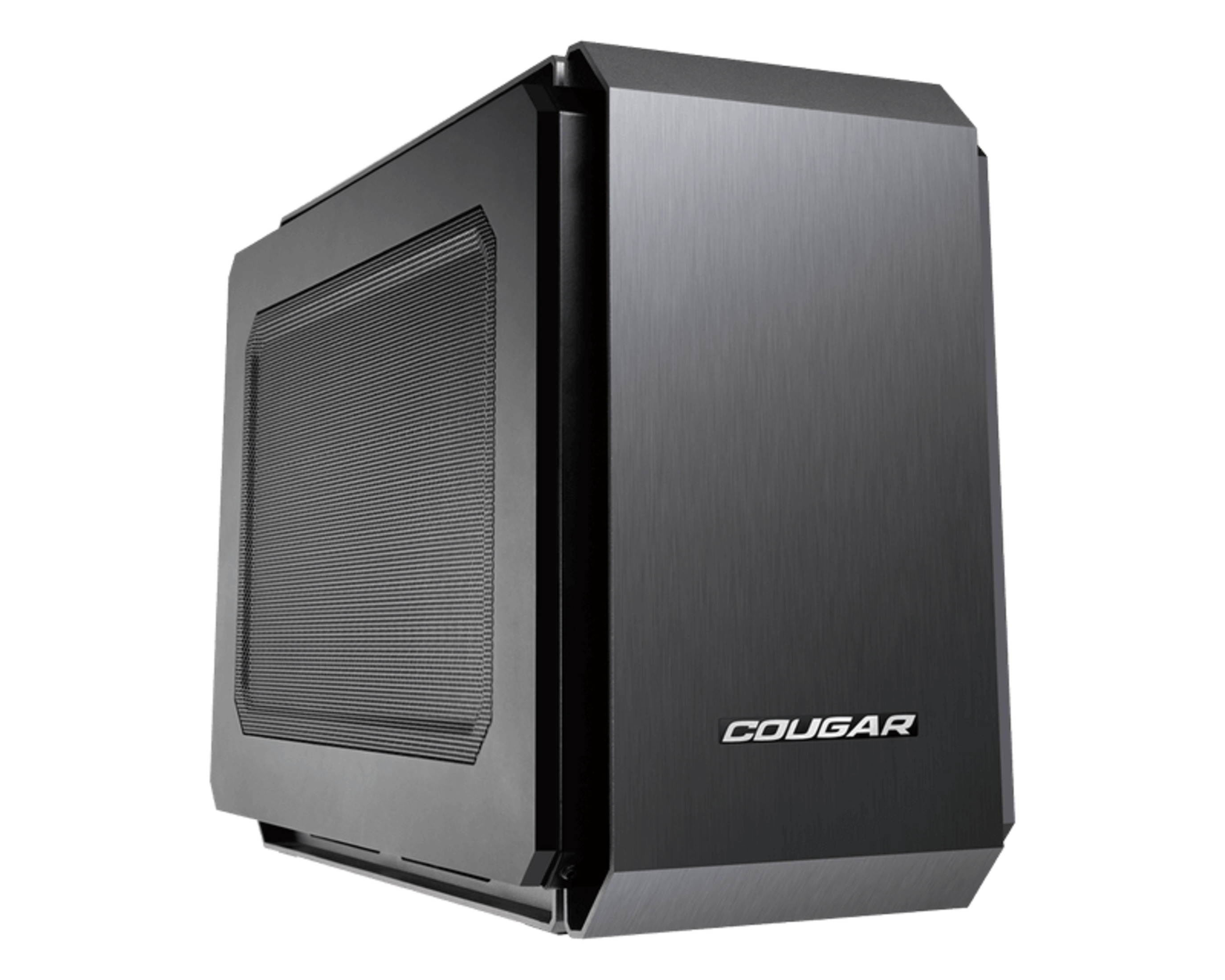 Case per PC Cougar grigio scuro con pannello frontale a rete, vista angolata su bianco.