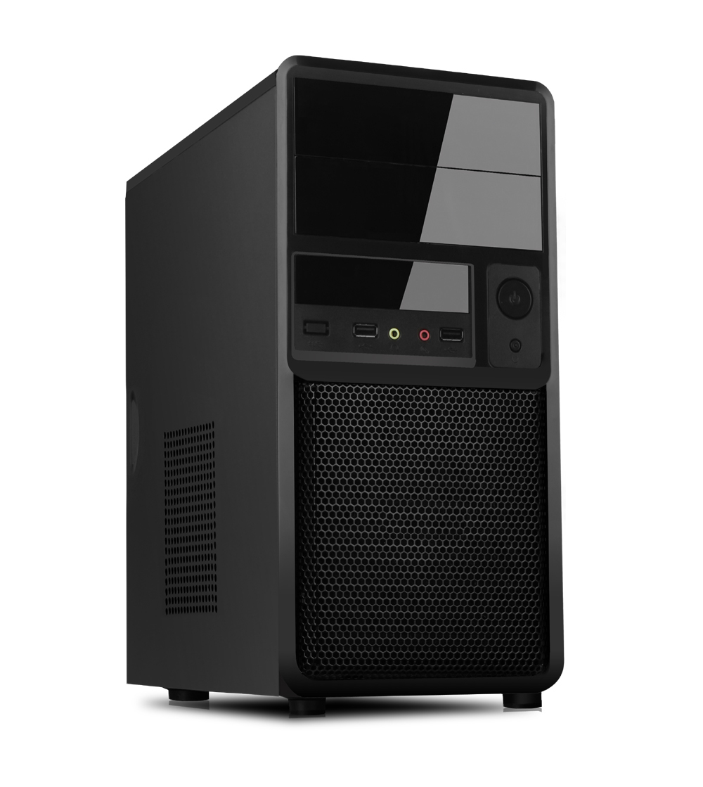 Case PC nero con frontale in mesh. Porte USB e audio visibili. Pulsante di accensione in alto.