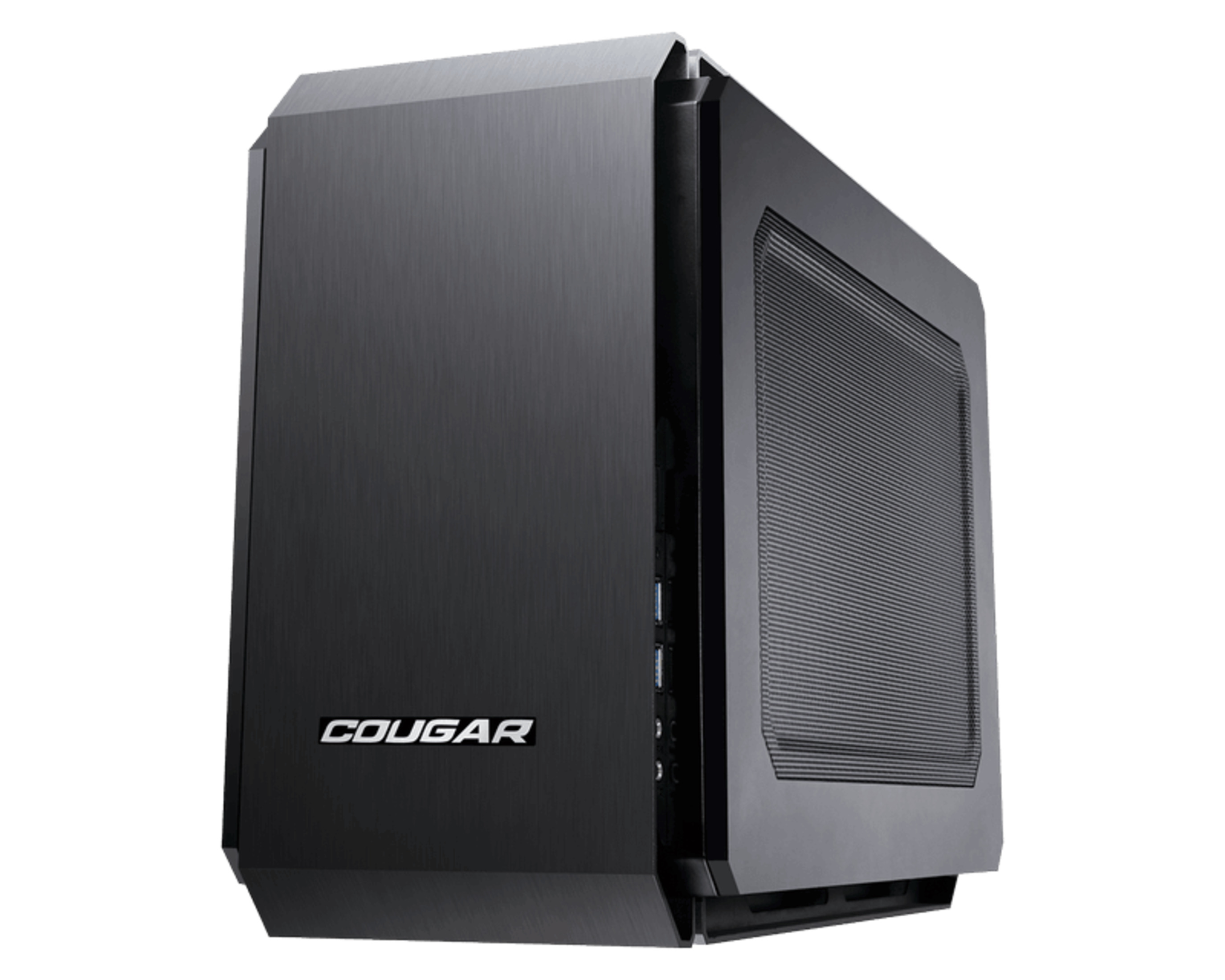 Case PC nero con logo Cougar. Il case ha un design elegante e un fattore di forma compatto.