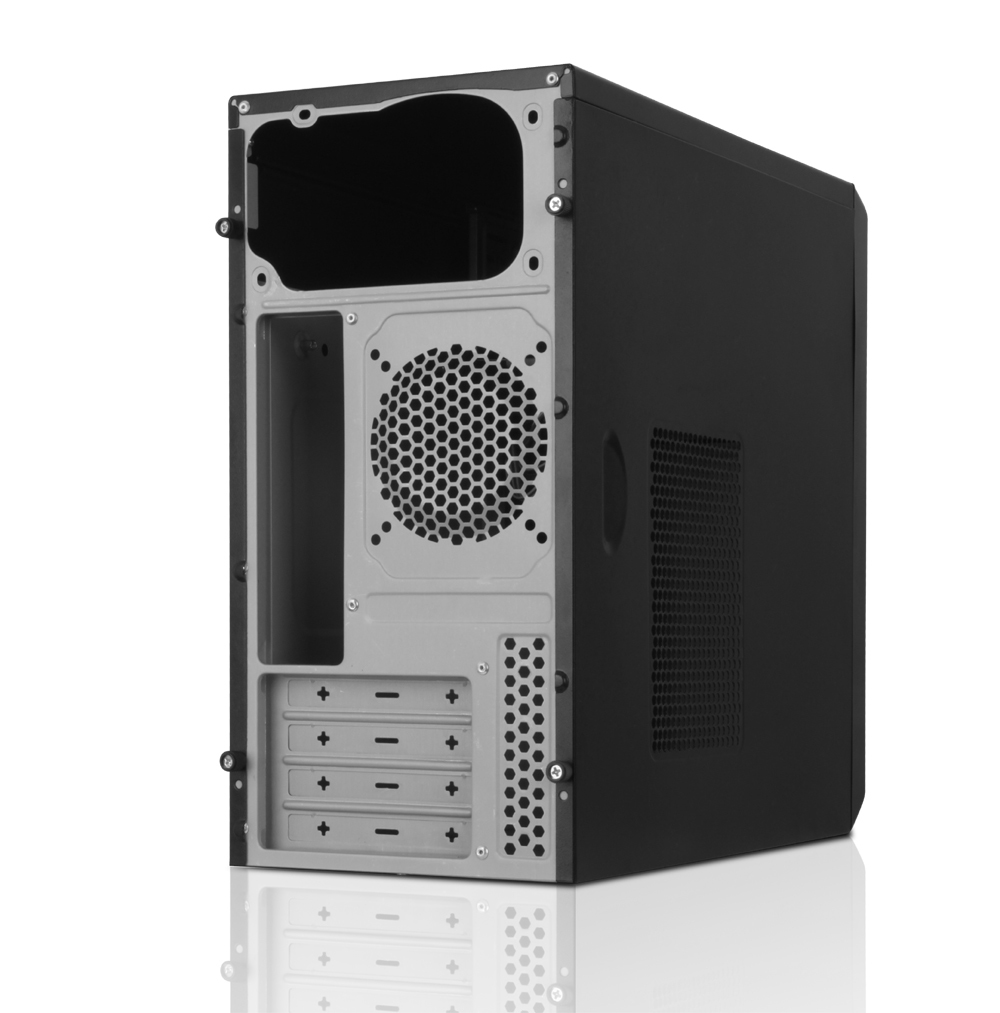 Case PC nero con retro aperto, che mostra l'interno e i punti di montaggio. Superficie riflettente.