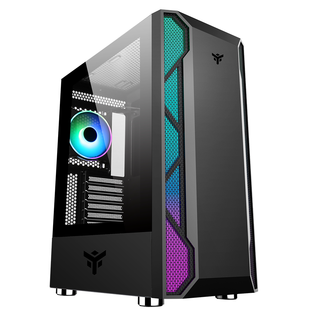 Case PC nero con pannello in vetro e ventole RGB. Design futuristico. Viene mostrato un logo.