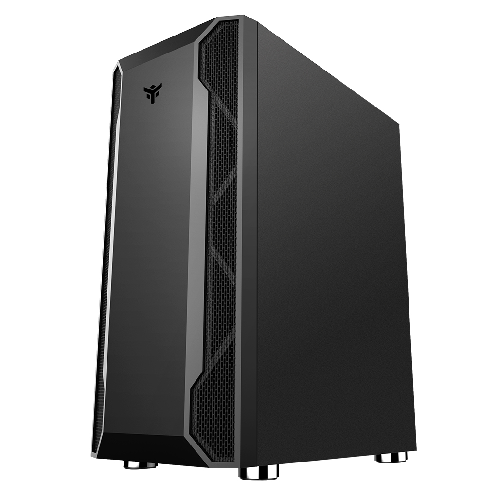 Case PC nero con pannello frontale angolato, dettagli in mesh e supporto argentato. Un logo è visibile.