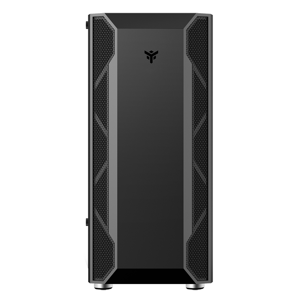 Case per PC nero con pannello frontale solido, sezione a rete sui lati.