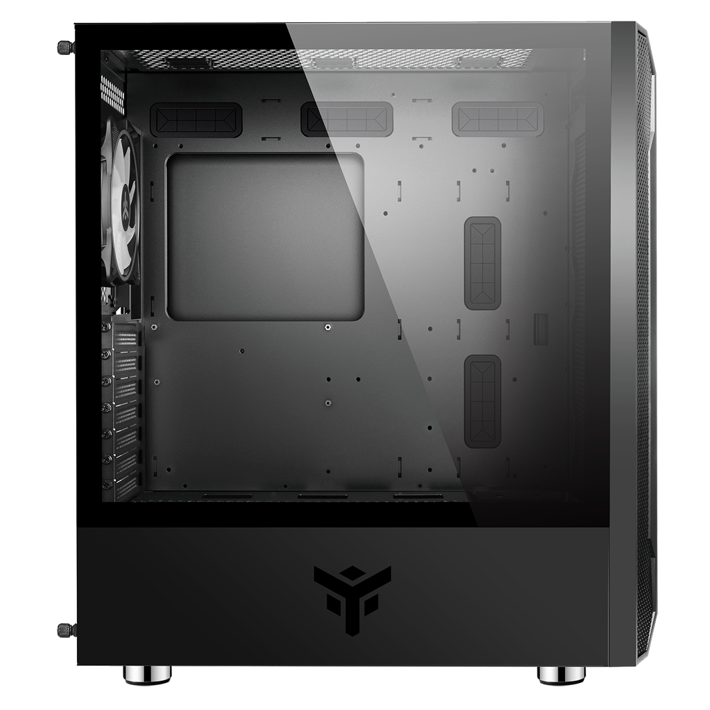 Case per PC nero con lato in vetro. Ha una ventola e componenti interni.