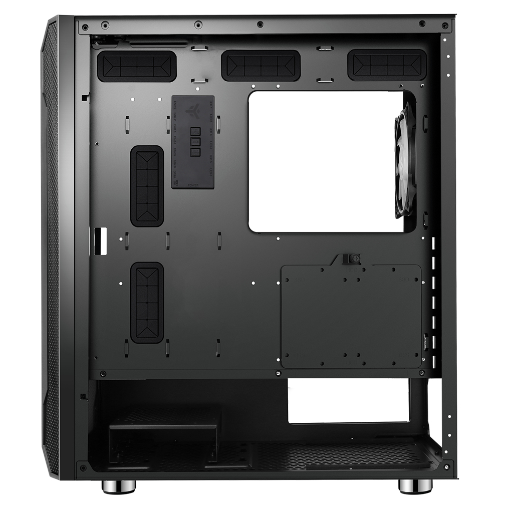 Interno di case per PC nero, vuoto, con vari punti di montaggio e un supporto per ventola laterale.