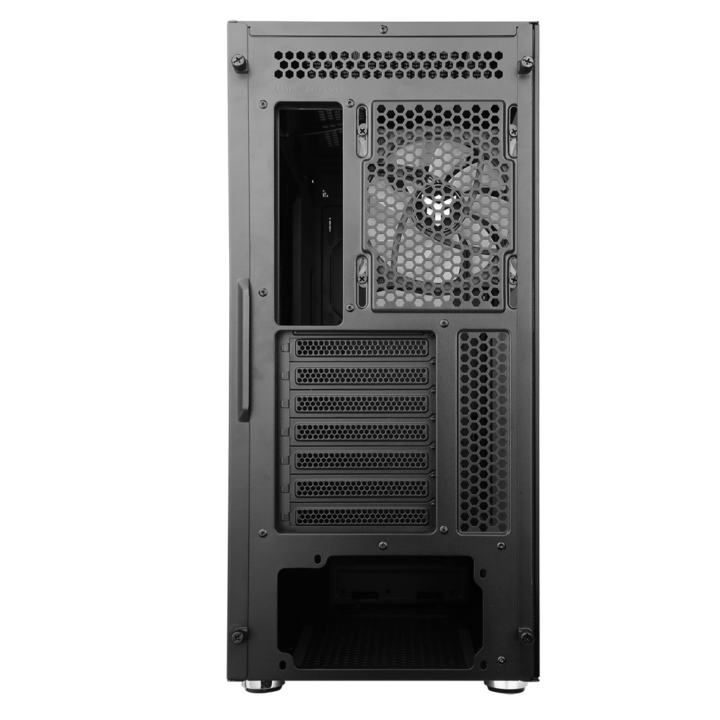 Pannello posteriore del case PC nero con ventola, varie aperture e fori per viti.