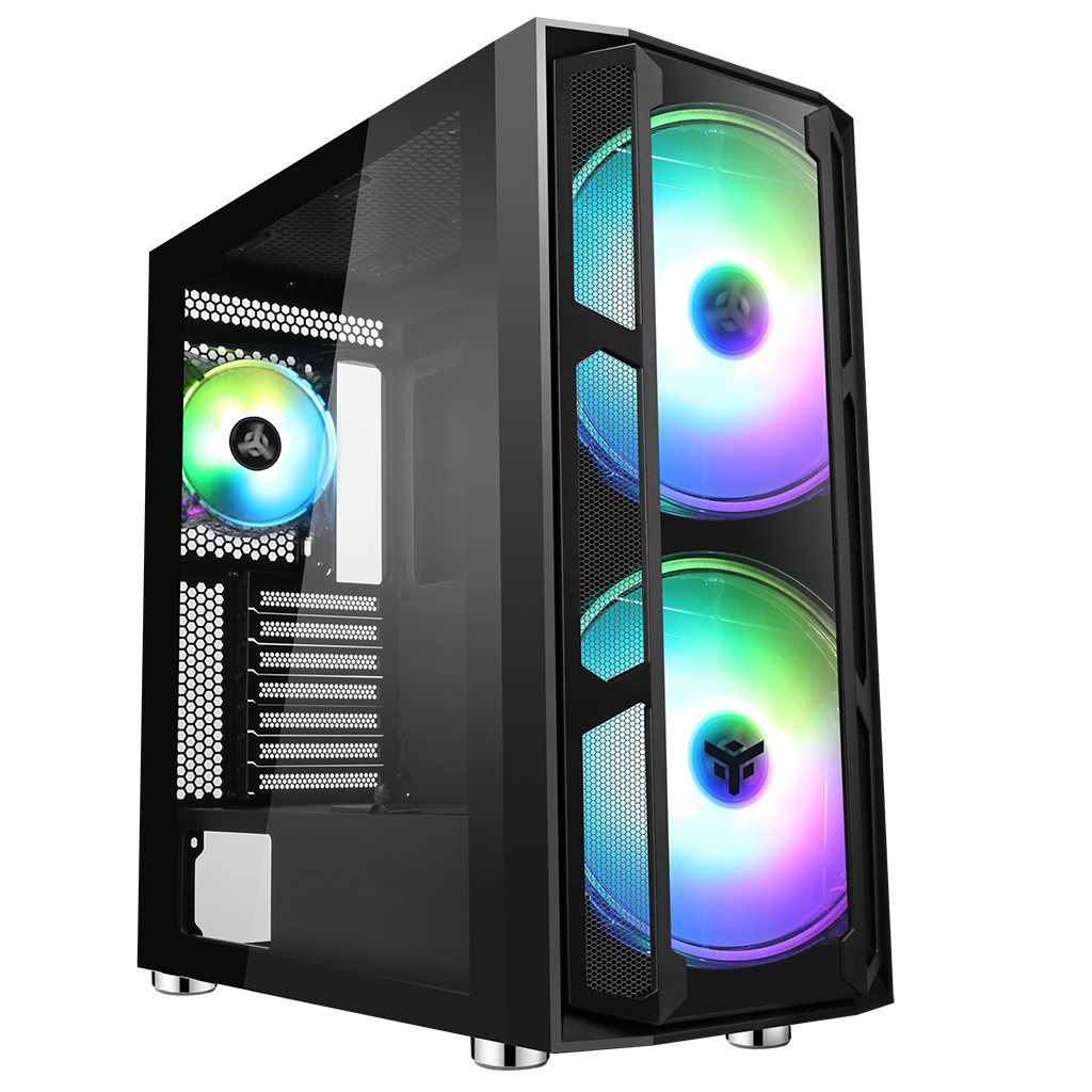 Case per computer nero con doppie ventole RGB, un pannello laterale in vetro e una vista frontale.