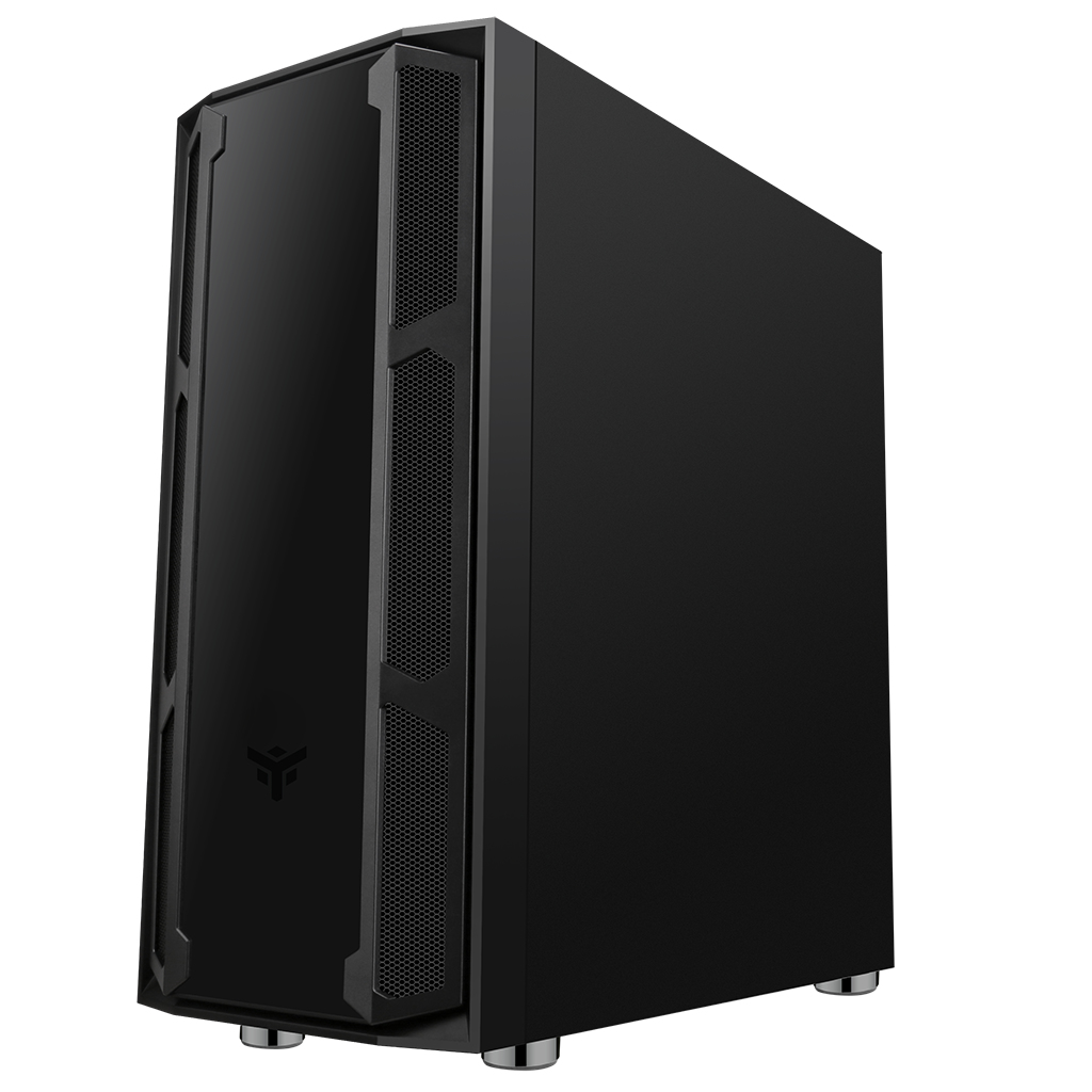 Case PC nero con frontale angolato, dettagli in mesh, un logo e piedini argentati. Design moderno.
