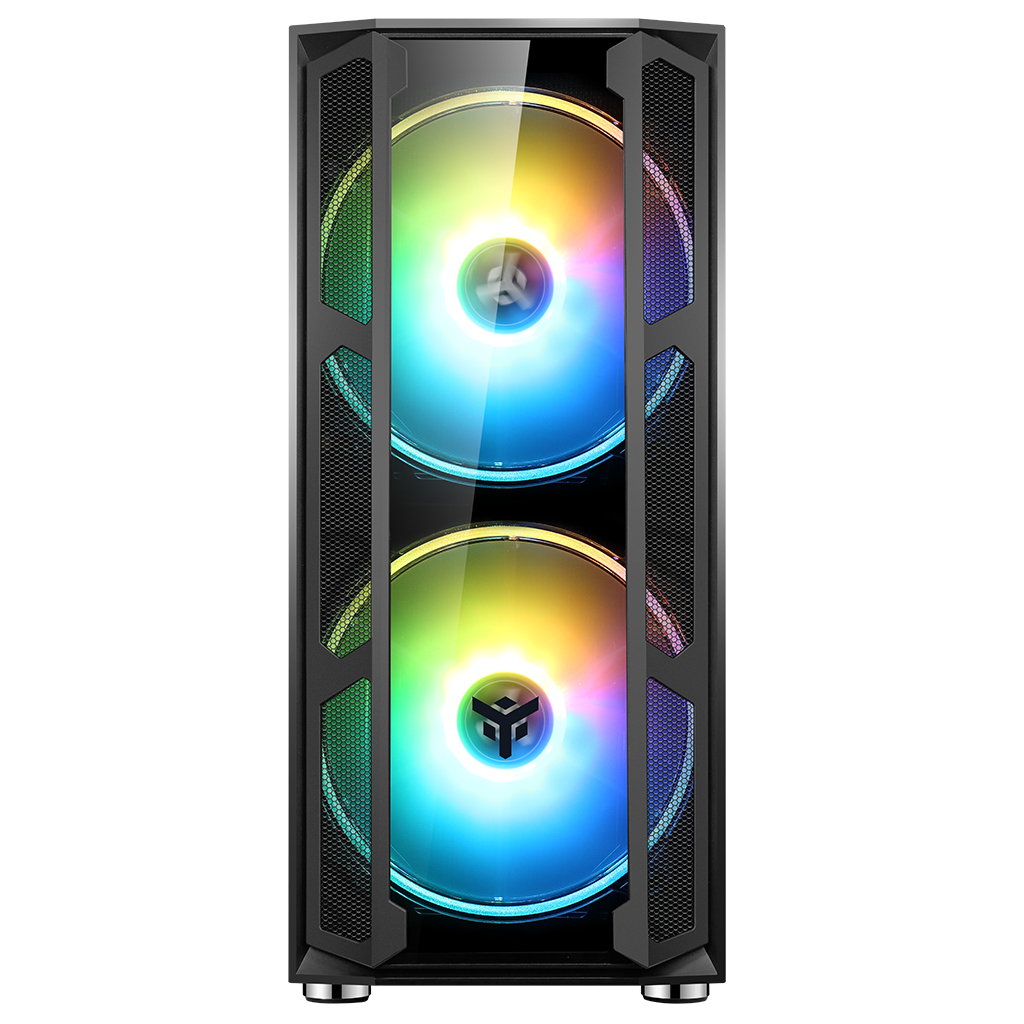 Case PC nero con pannello in vetro e ventole RGB. Due ventole con luci arcobaleno visibili.