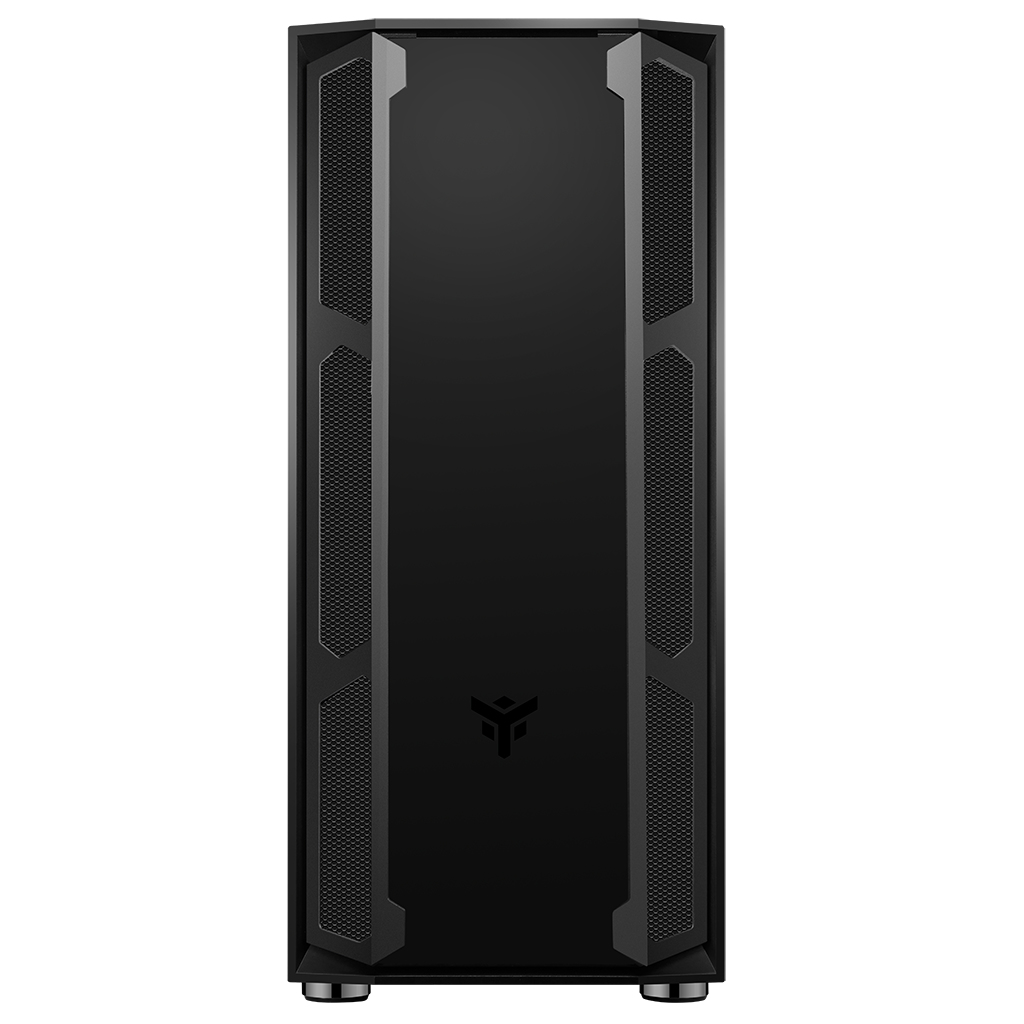 Case PC nero con pannello frontale a rete. Il case ha un design minimalista e funzionale.