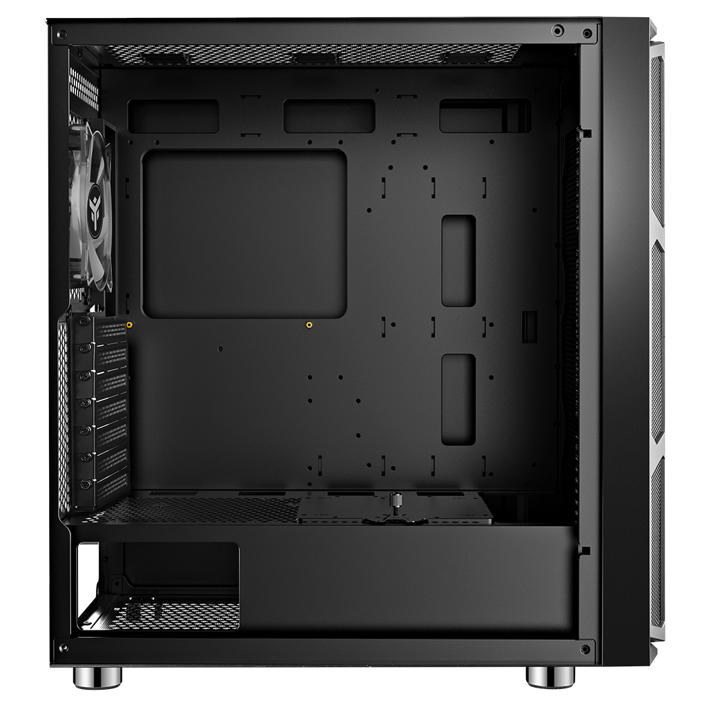 Interno del case per PC nero, che mostra il telaio vuoto e i punti di montaggio.