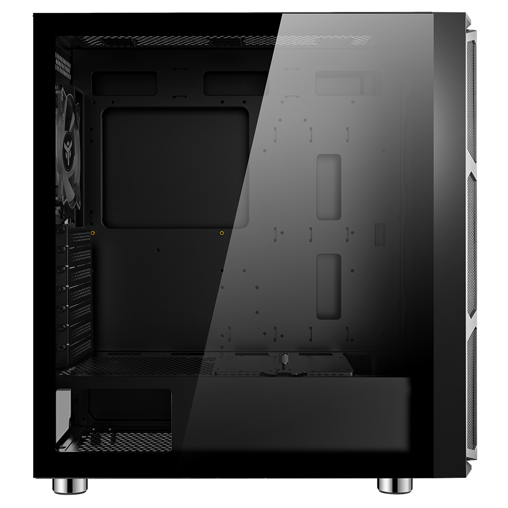 Case per PC nero con lato in vetro. Si possono vedere i componenti interni.