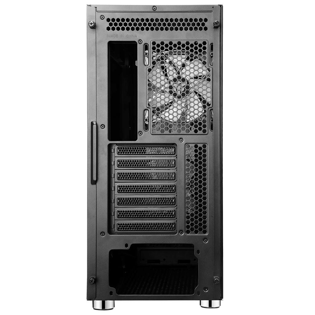 Vista posteriore di un case per PC nero con ventola e aperture di ventilazione, piedini argentati.